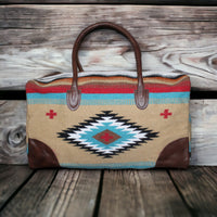 Aztec Large Weekender Southwestern Duffel Bag Cayman Saddle Blanket Bag 100% Leather Handles - Ranch Junkie Mercantile LLC 