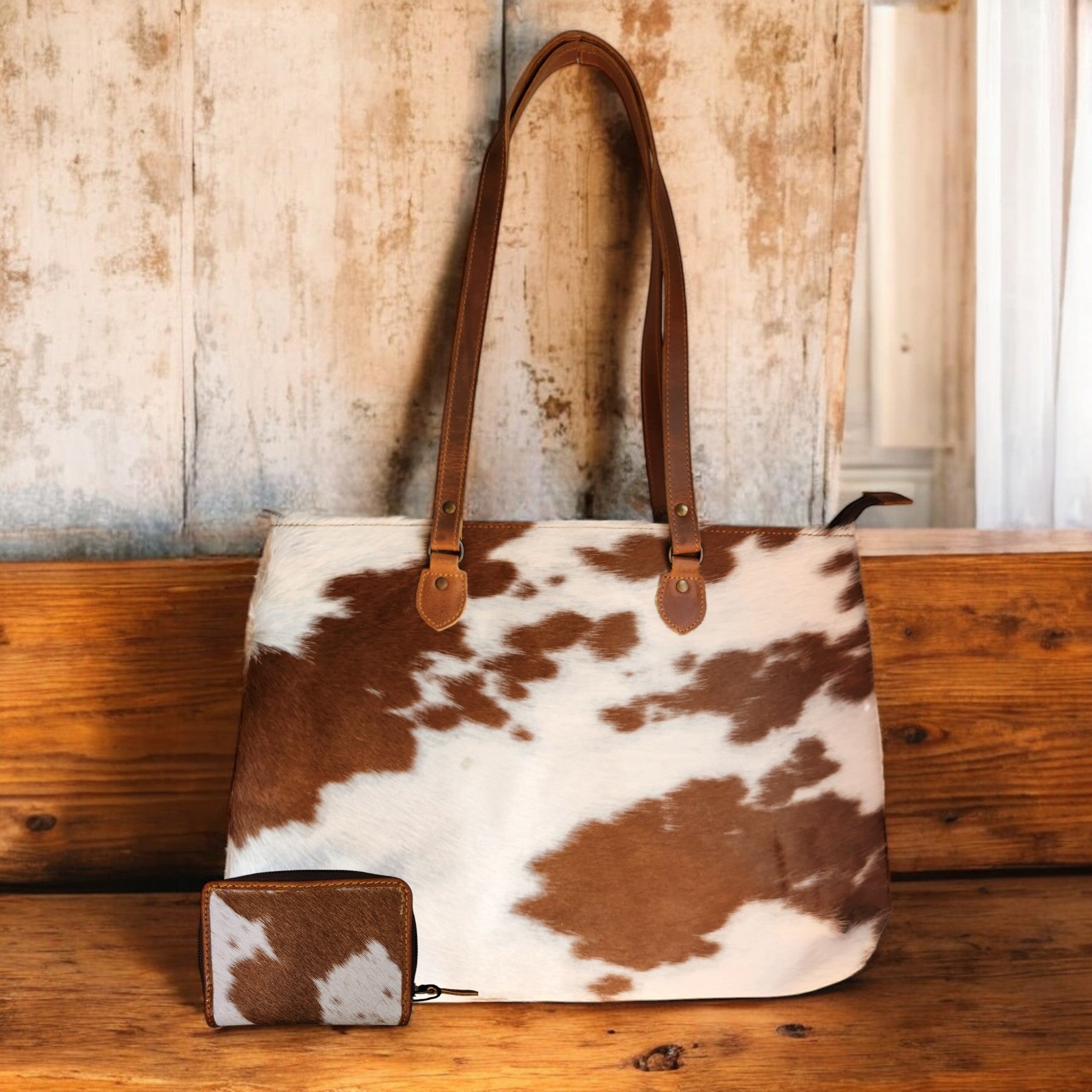 Bundle Deal Highlands Saddle Cowhide Large Tote + Credit Card Wallet - Ranch Junkie Mercantile LLC 