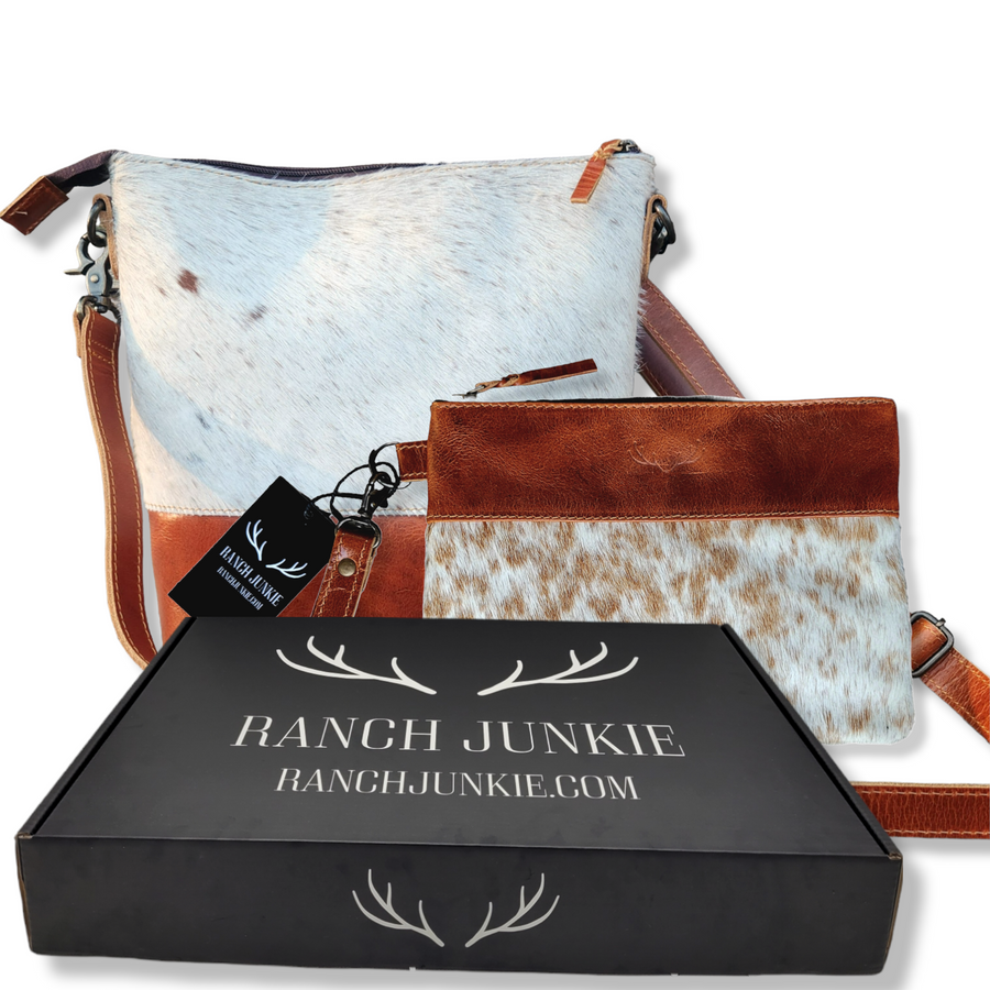 Bundle Deal- The Highlands Saddle Large Genuine Cowhide Crossbody Bag + Saddle Wristlet Clutch - Ranch Junkie Mercantile LLC 