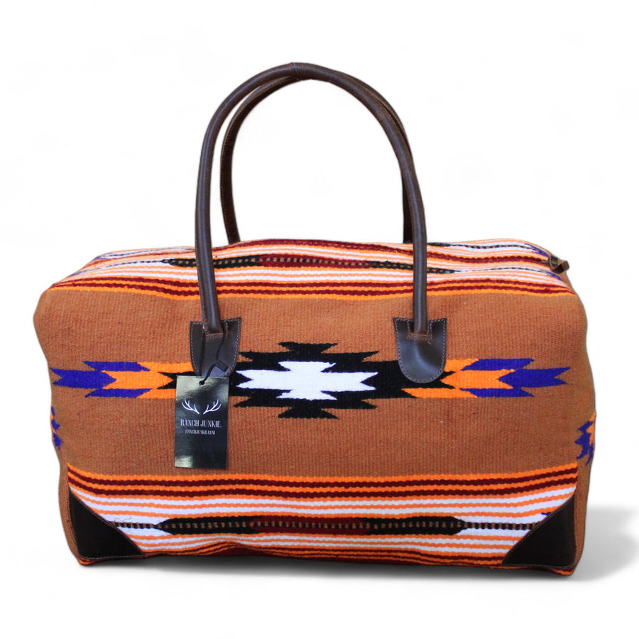 Boho Aztec Large Weekender Southwestern Duffel Bag Del Sol Saddle Blanket Bag 100% Leather Handles