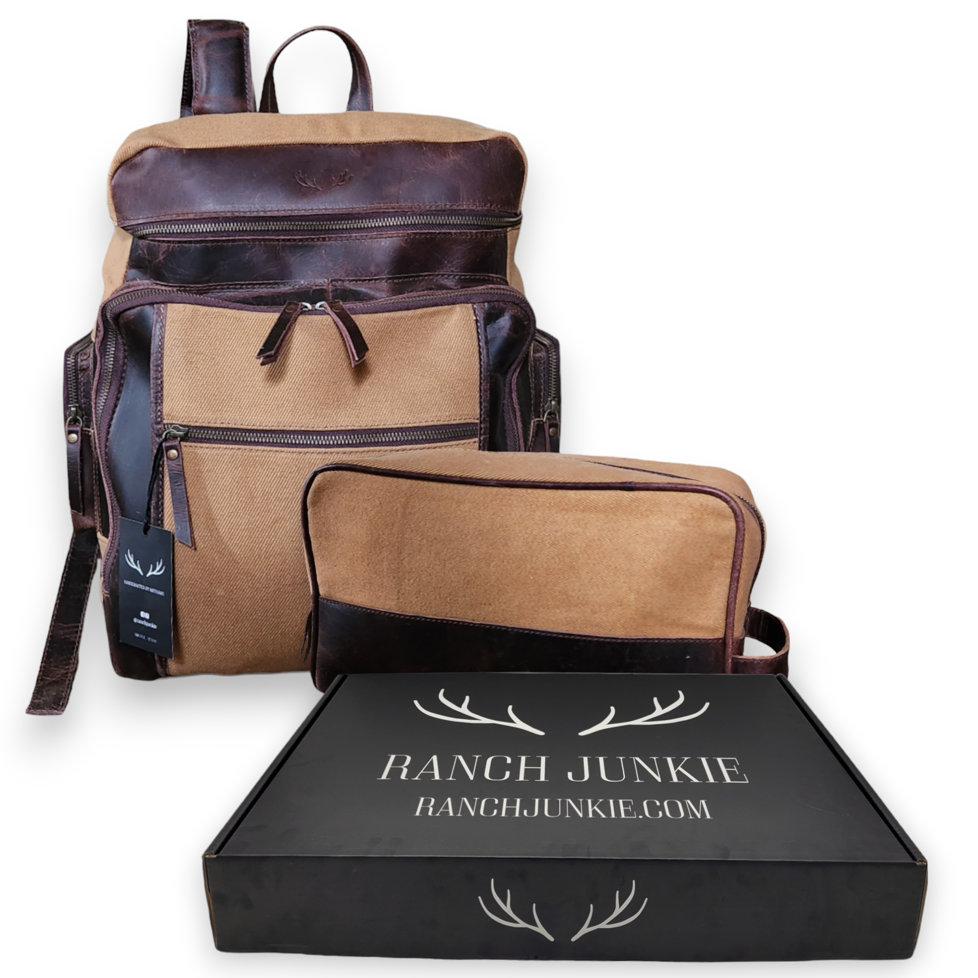 Bundle Deal Canvas/Leather Drifter Backpack + Toiletry Bag Tan - Ranch Junkie Mercantile LLC 