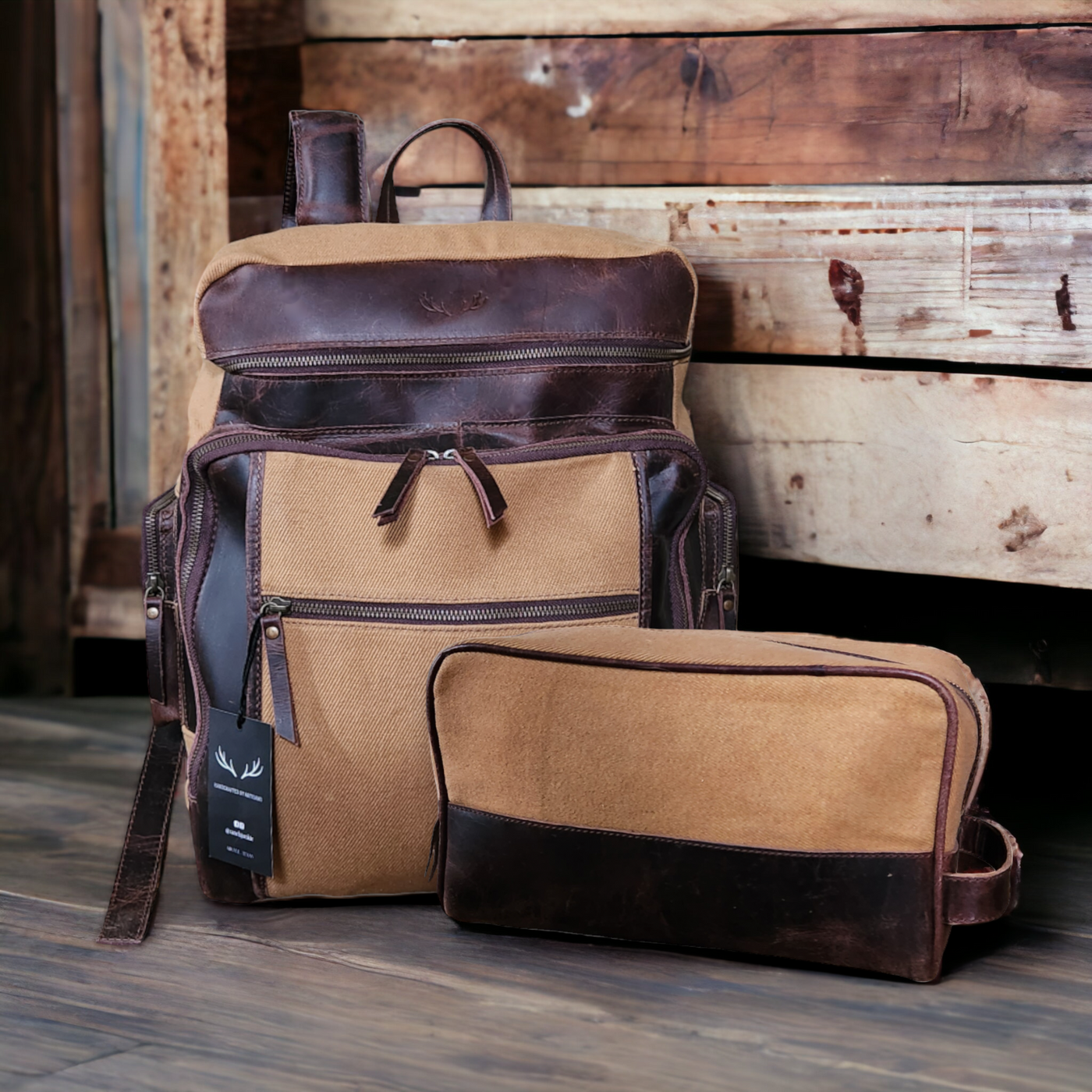 Bundle Deal Canvas/Leather Drifter Backpack + Toiletry Bag Tan - Ranch Junkie Mercantile LLC 