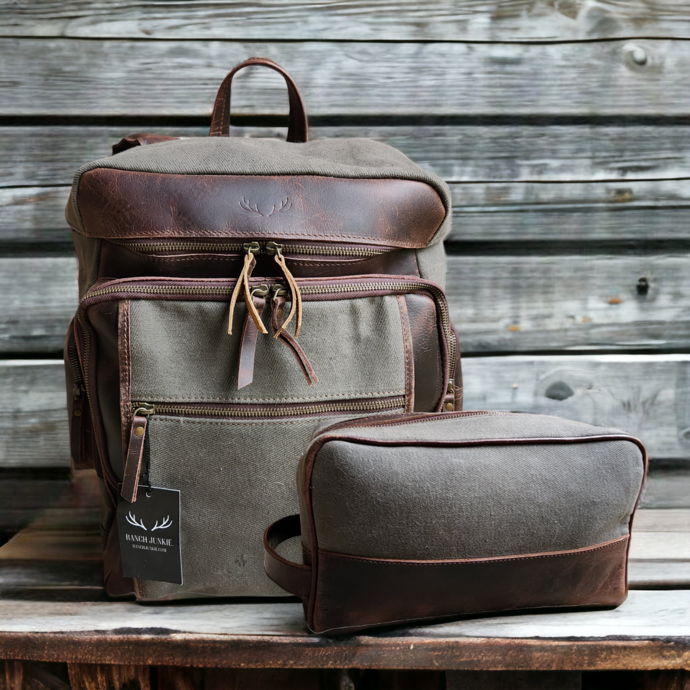 Bundle Deal Canvas/Leather Drifter Backpack + Toiletry Bag Army Green - Ranch Junkie Mercantile LLC 