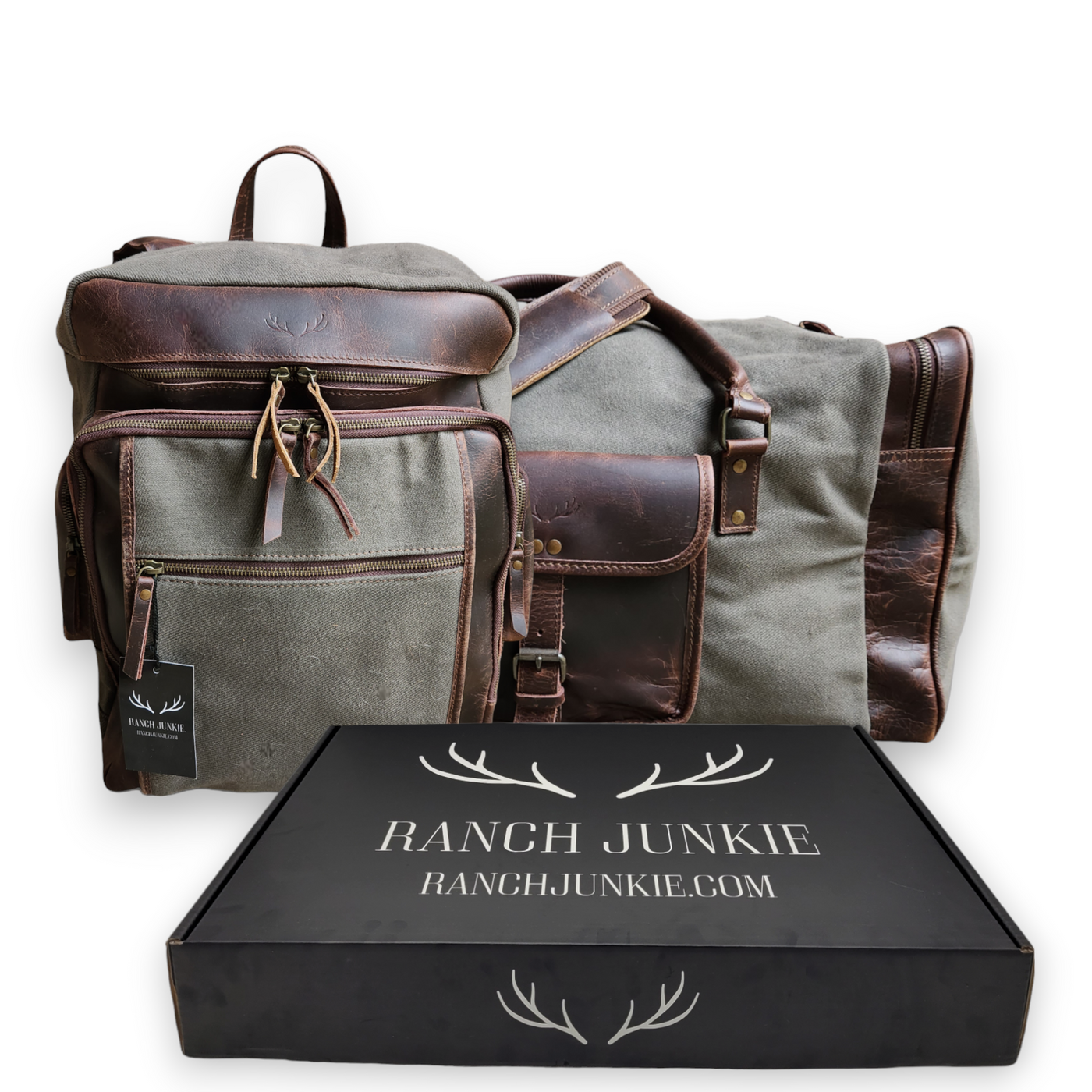 Bundle Deal Canvas/Leather Drifter Weekender Duffel Bag Army Green + Drifter Backpack - Ranch Junkie Mercantile LLC 