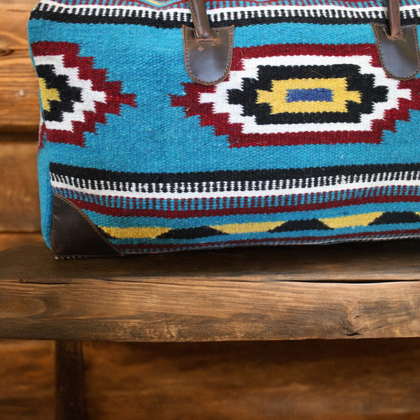 Boho Aztec Large Weekender Southwestern Duffel Bag El Mar Saddle Blanket Bag 100% Leather Handles - Ranch Junkie Mercantile LLC 