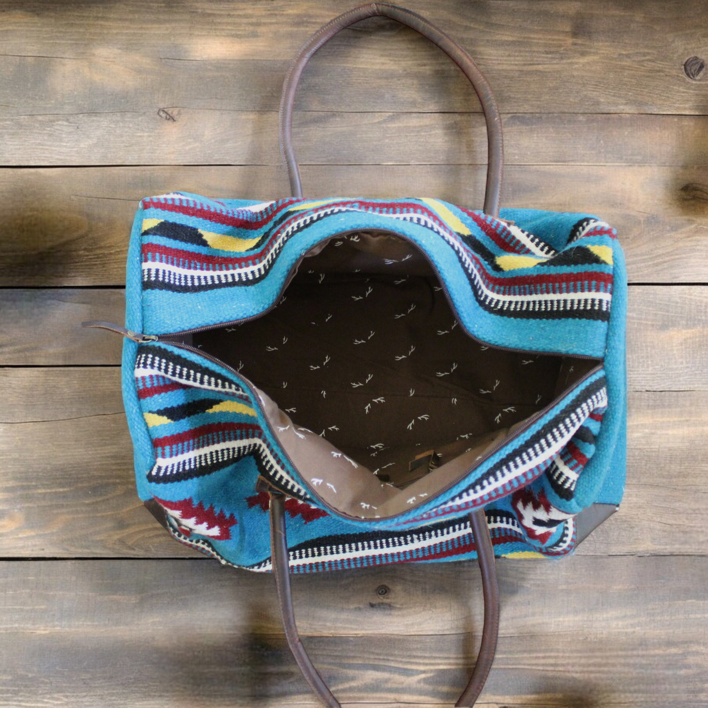 Boho Aztec Large Weekender Southwestern Duffel Bag El Mar Saddle Blanket Bag 100% Leather Handles - Ranch Junkie Mercantile LLC 