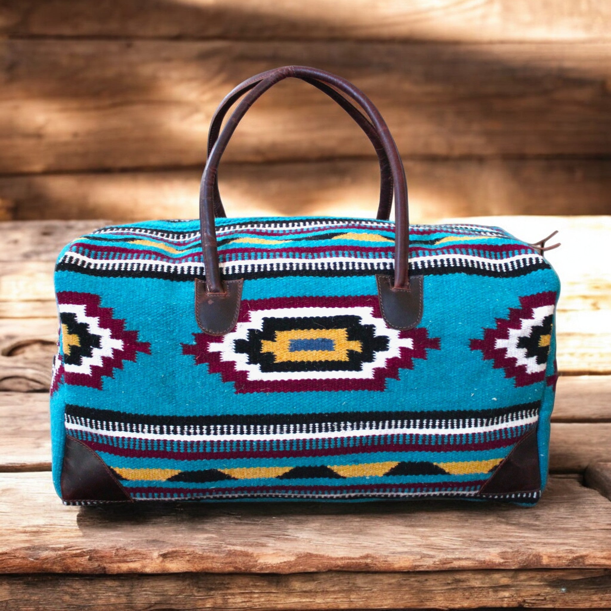 Boho Aztec Large Weekender Southwestern Duffel Bag El Mar Saddle Blanket Bag 100% Leather Handles - Ranch Junkie Mercantile LLC 