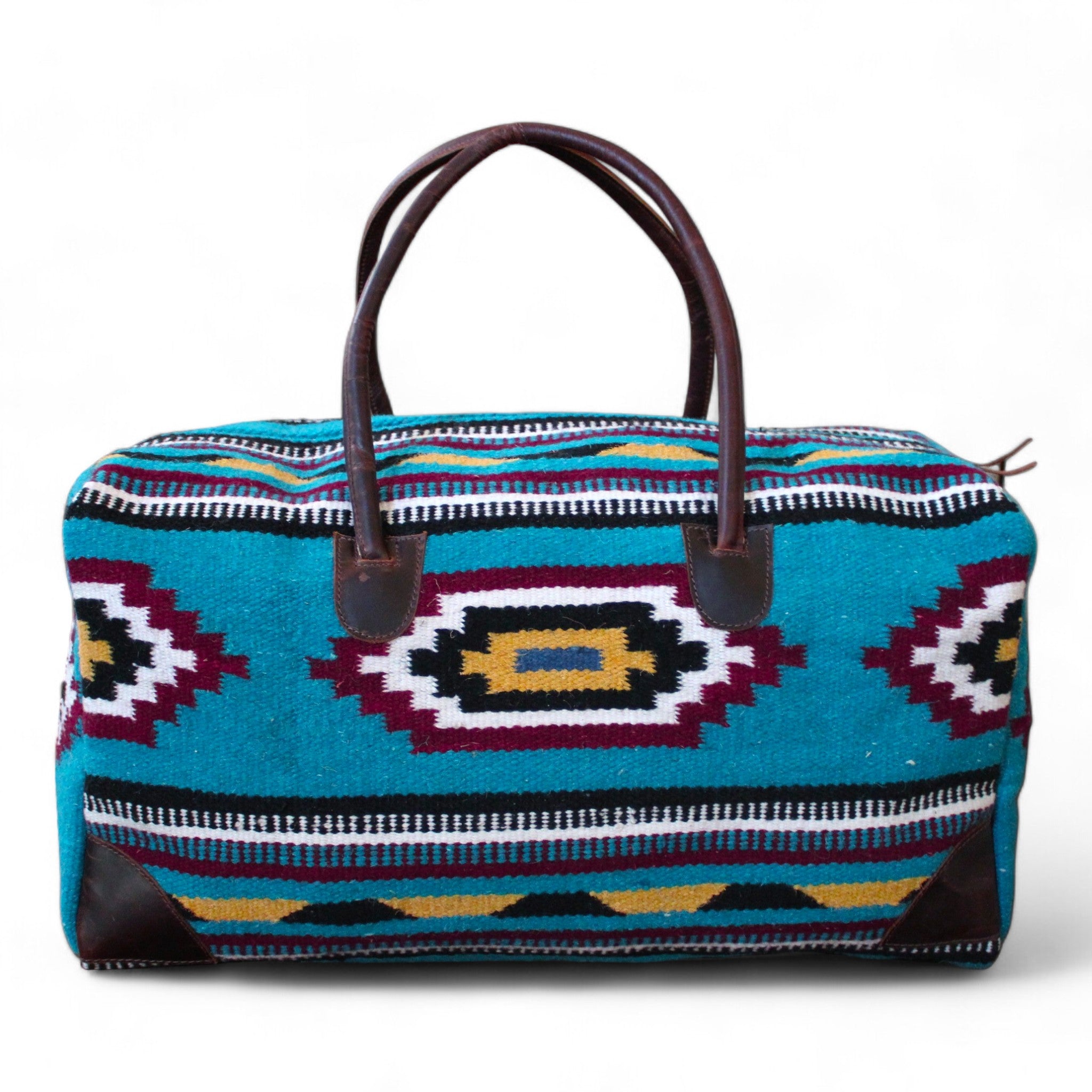 Boho Aztec Large Weekender Southwestern Duffel Bag El Mar Saddle Blanket Bag 100% Leather Handles - Ranch Junkie Mercantile LLC 