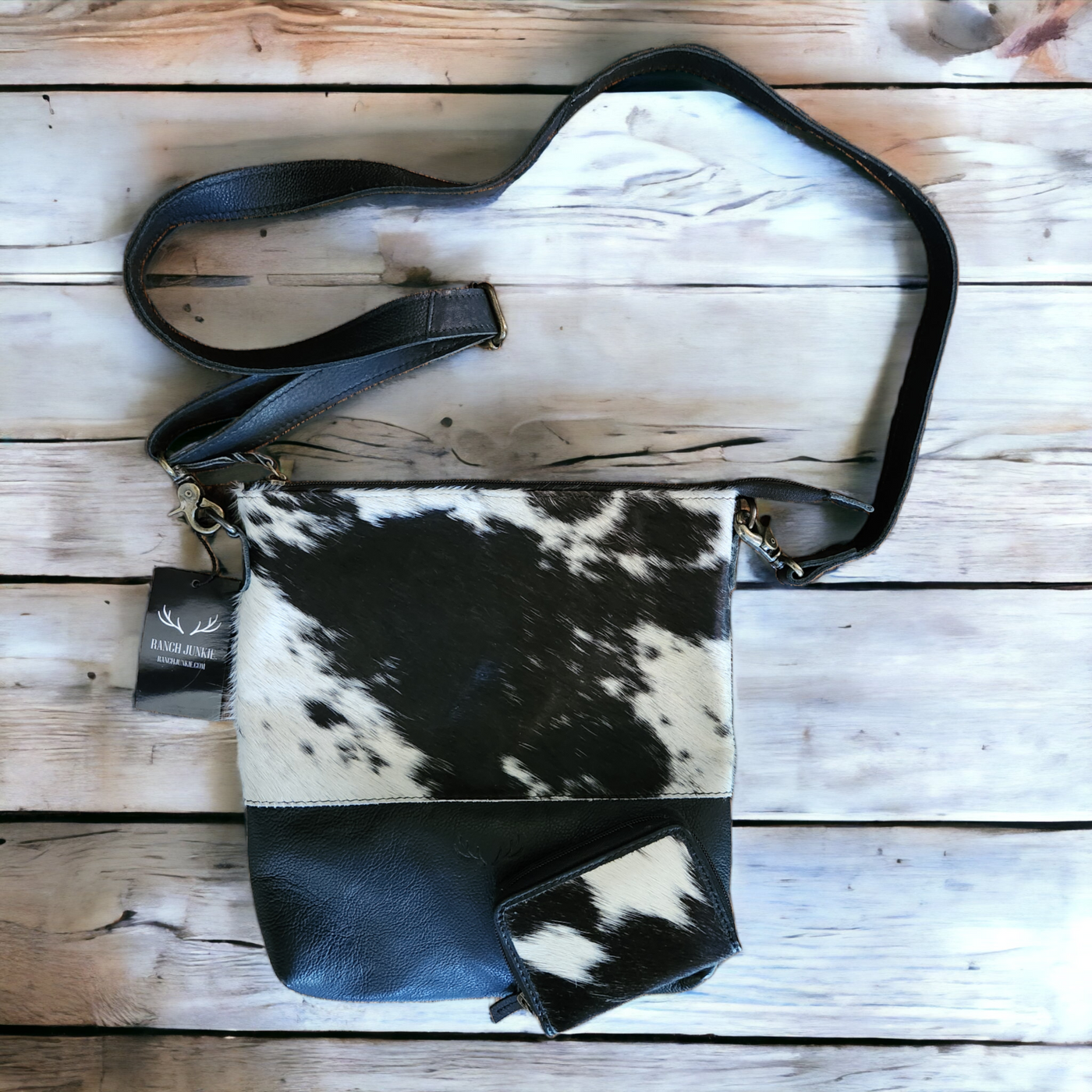 Bundle Deal Highlands Black Cowhide Crossbody Purse + Cowhide Credit Card Wallet - Ranch Junkie Mercantile LLC 