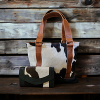 Bundle Deal Highlands Cowhide Tote Purse Black + Envelope Cowhide Large Wallet Black - Ranch Junkie Mercantile LLC 