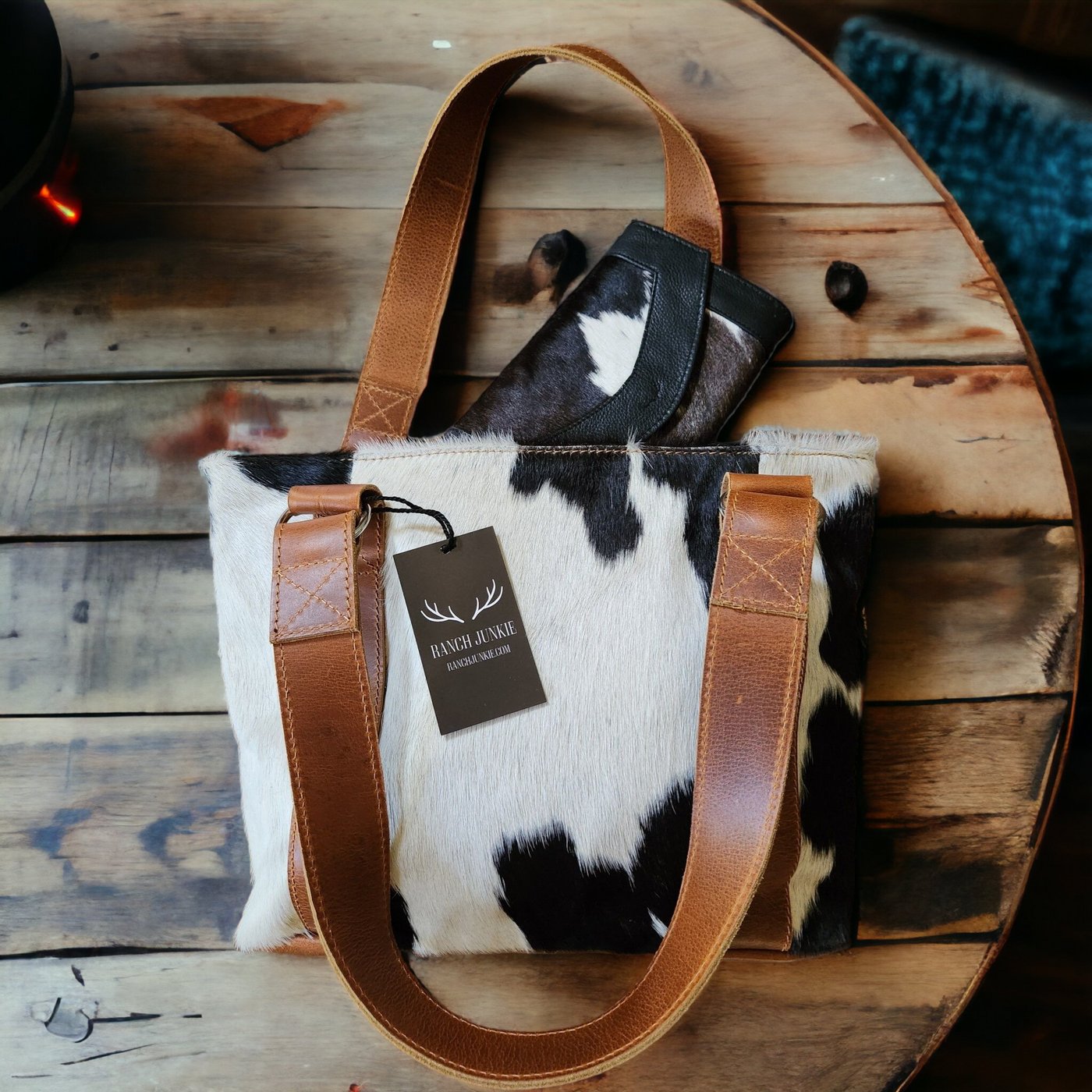 Bundle Deal Highlands Cowhide Tote Purse Black + Envelope Cowhide Large Wallet Black - Ranch Junkie Mercantile LLC 