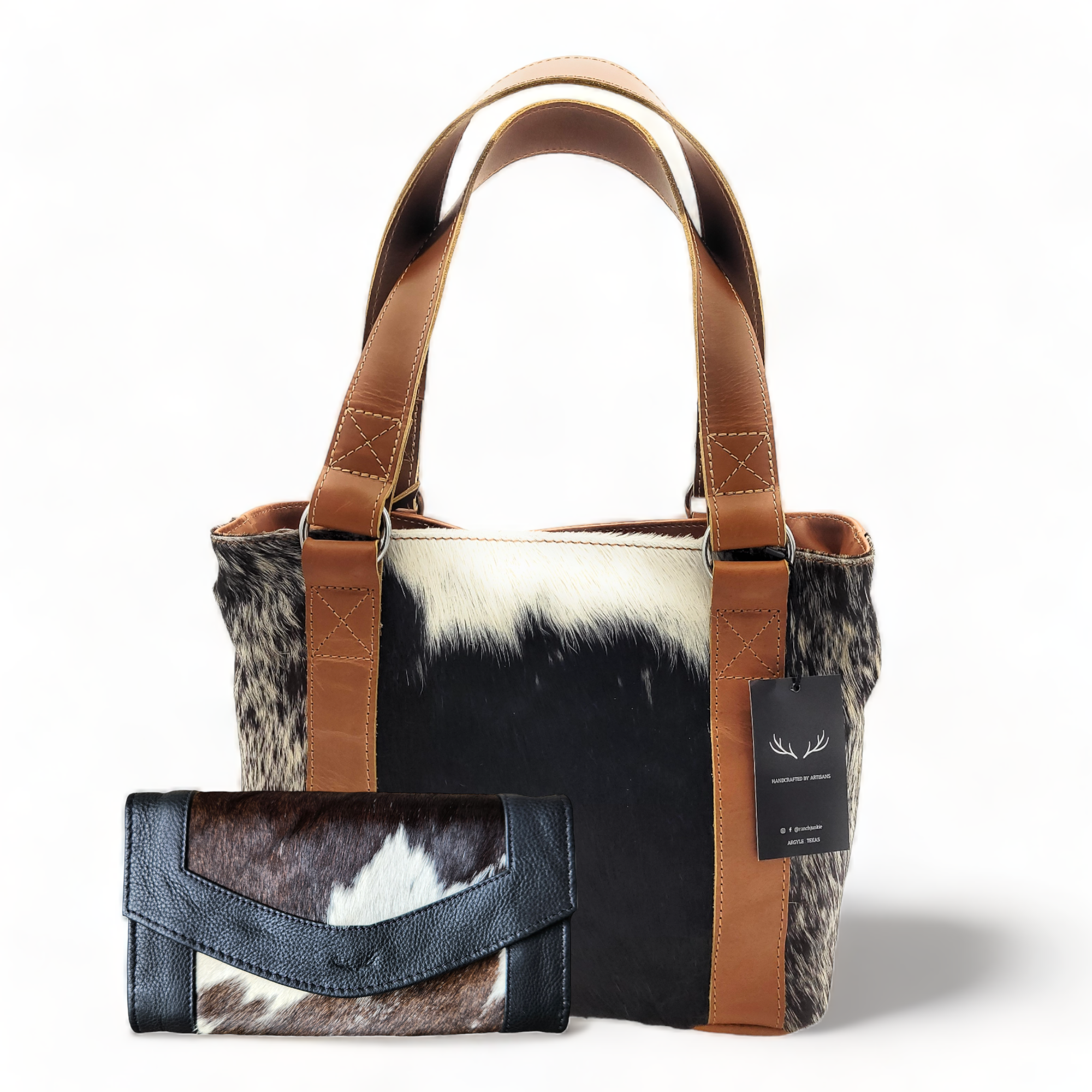 Bundle Deal Highlands Cowhide Tote Purse Black + Envelope Cowhide Large Wallet Black - Ranch Junkie Mercantile LLC 