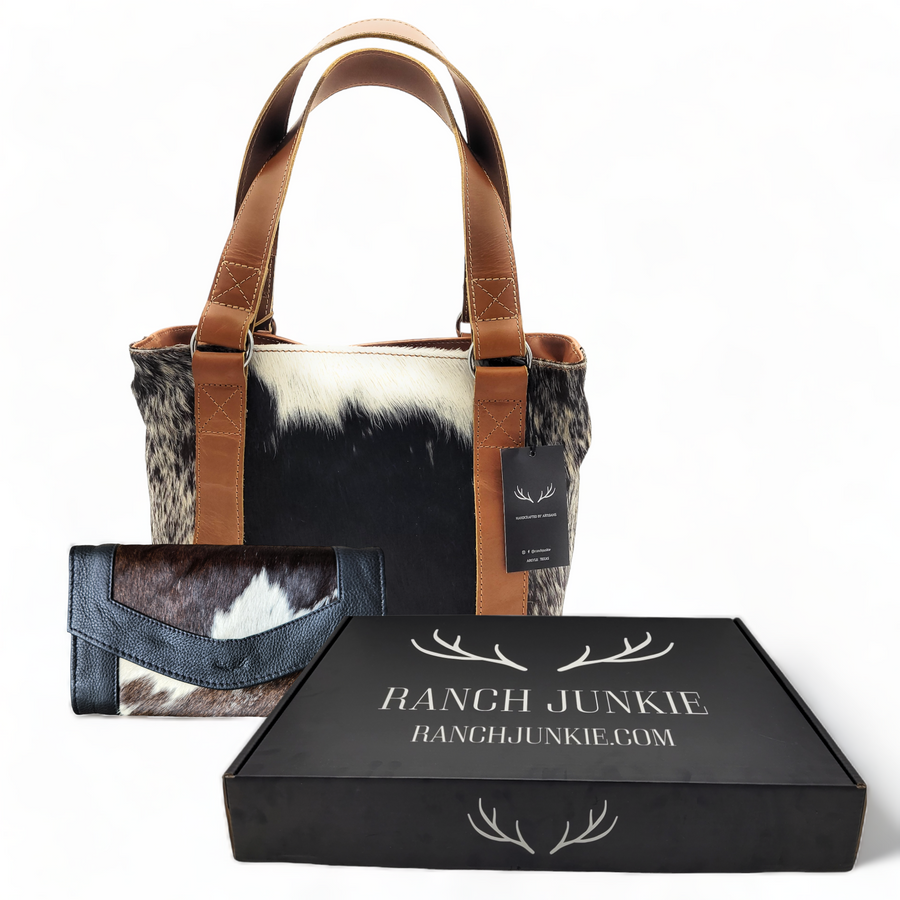 Bundle Deal Highlands Cowhide Tote Purse Black + Envelope Cowhide Large Wallet Black - Ranch Junkie Mercantile LLC 