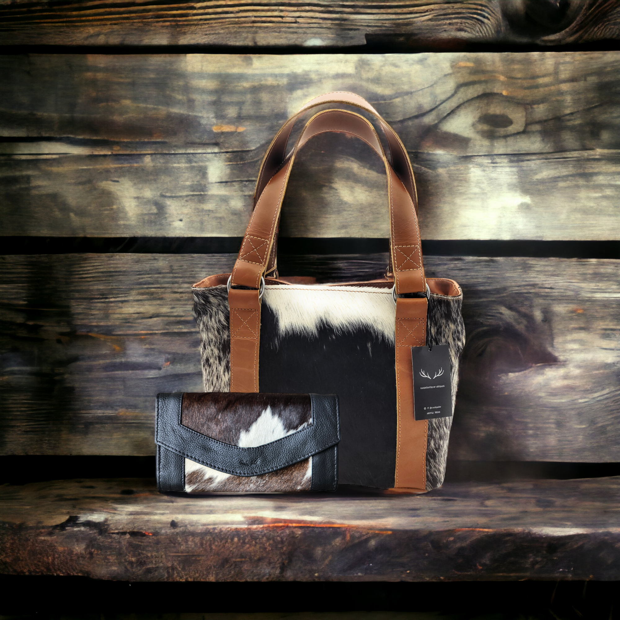 Bundle Deal Highlands Cowhide Tote Purse Black + Envelope Cowhide Large Wallet Black - Ranch Junkie Mercantile LLC 