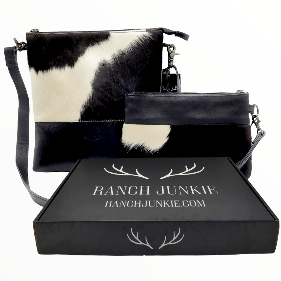 Bundle Deal Highlands Large Black Genuine Cowhide Crossbody Bag + Black Wristlet Clutch - Ranch Junkie Mercantile LLC 