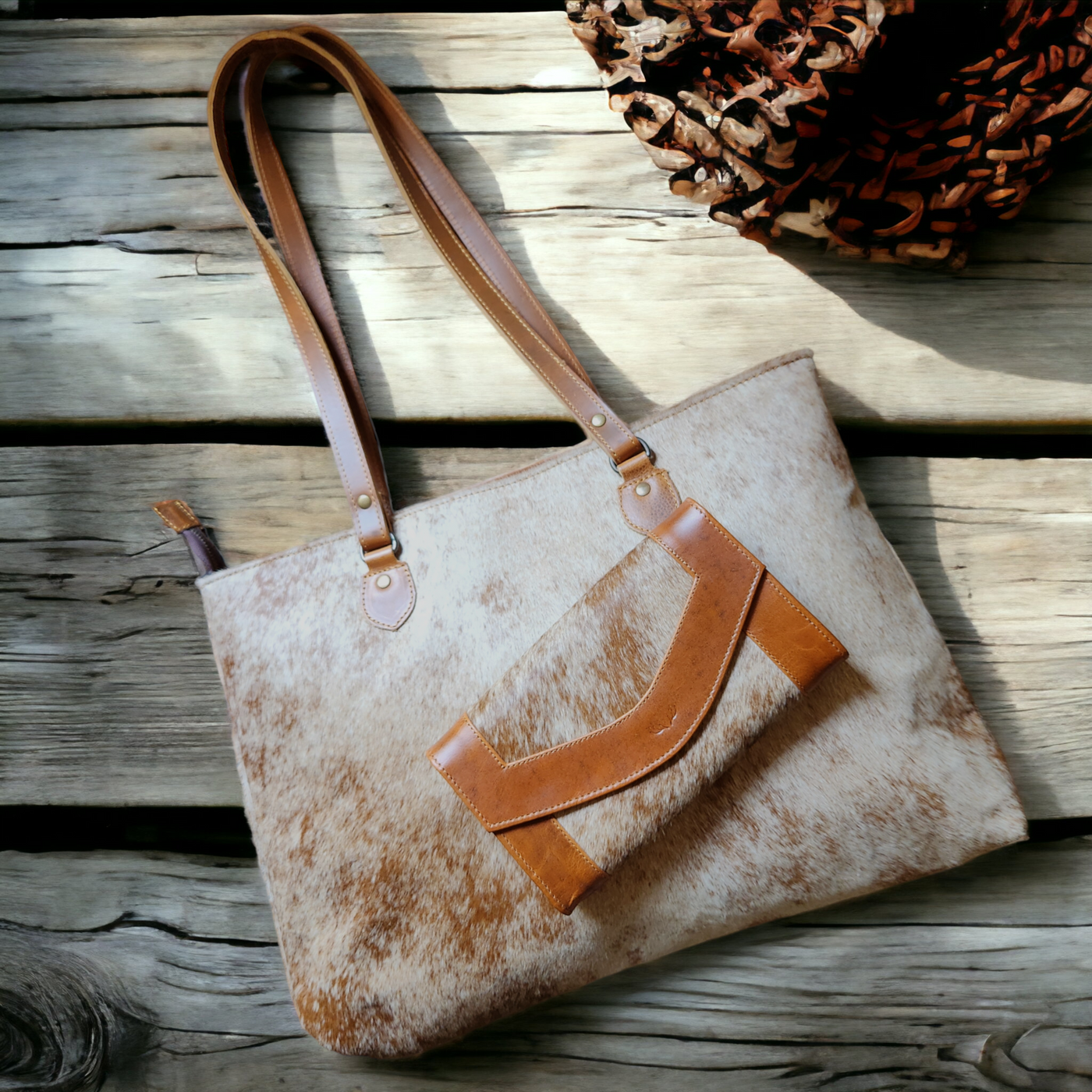 Bundle Deal Highlands Cowhide Large Tote Saddle + Envelope Cowhide Large Wallet Saddle - Ranch Junkie Mercantile LLC 