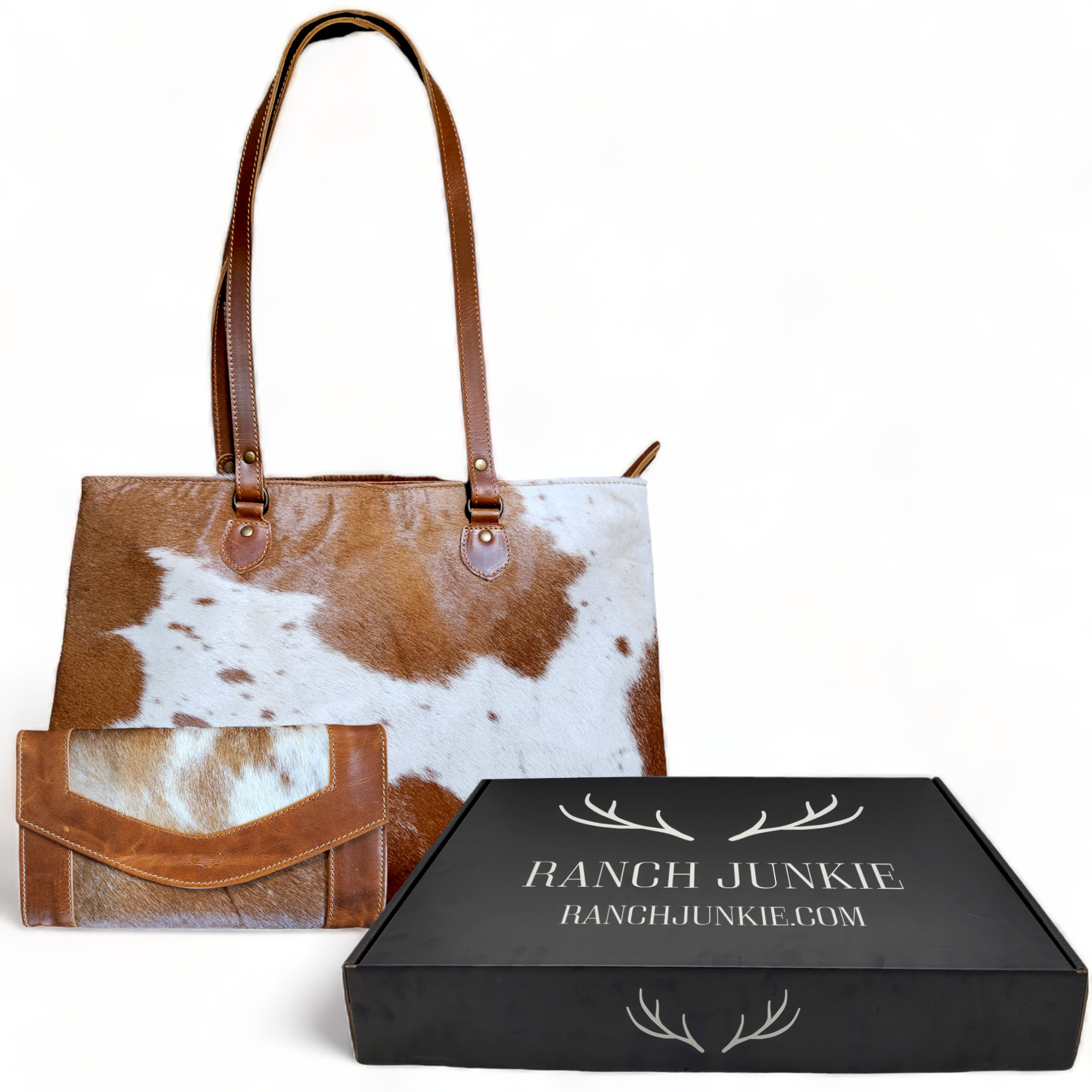 Bundle Deal Highlands Cowhide Large Tote Saddle + Envelope Cowhide Large Wallet Saddle - Ranch Junkie Mercantile LLC 