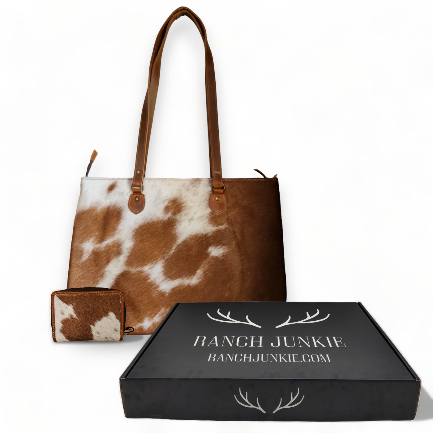 Bundle Deal Highlands Saddle Cowhide Large Tote + Credit Card Wallet - Ranch Junkie Mercantile LLC 