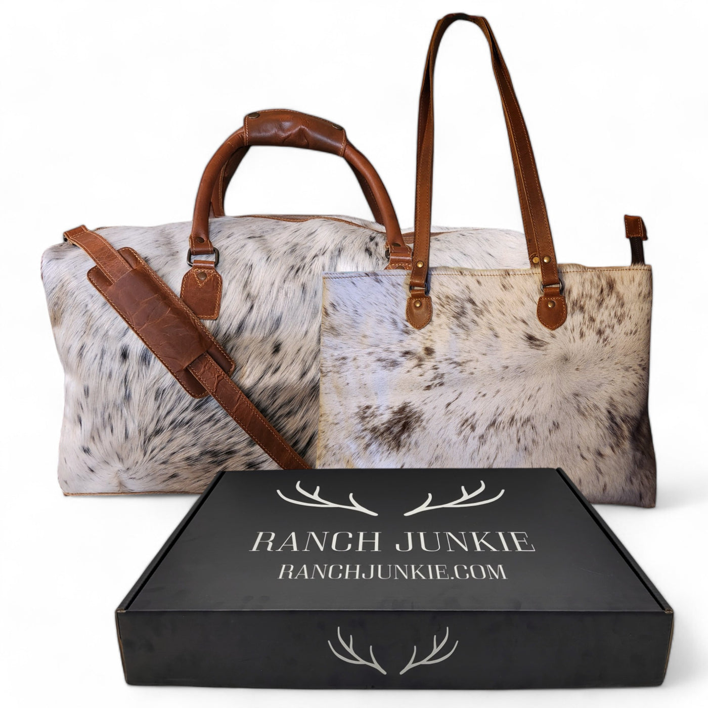 Bundle Deal Highlands Large Genuine Cowhide Weekender Duffel White Speckled + Cowhide Tote Bag Black - Ranch Junkie Mercantile LLC 