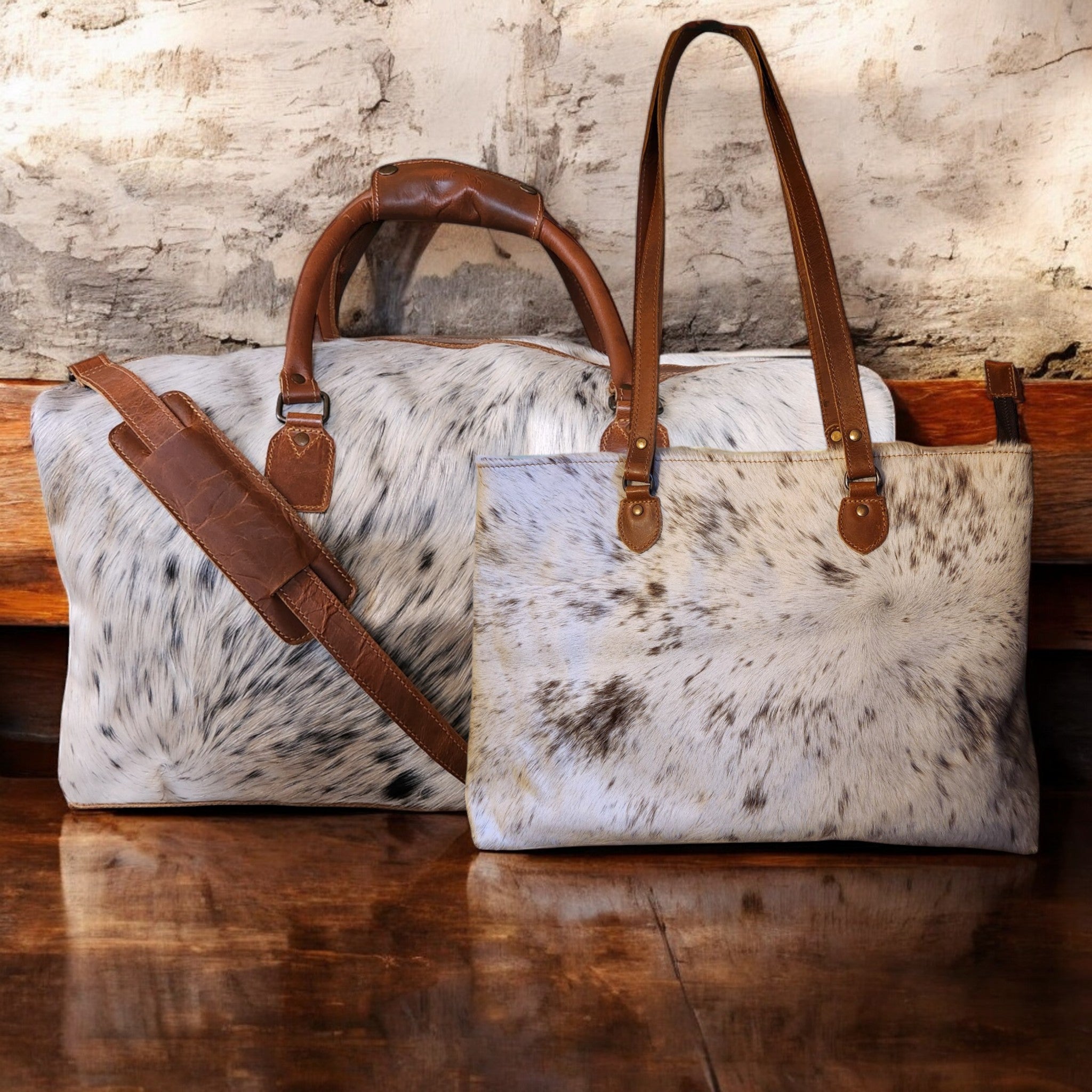 Bundle Deal Highlands Large Genuine Cowhide Weekender Duffel White Speckled + Cowhide Tote Bag Black - Ranch Junkie Mercantile LLC 