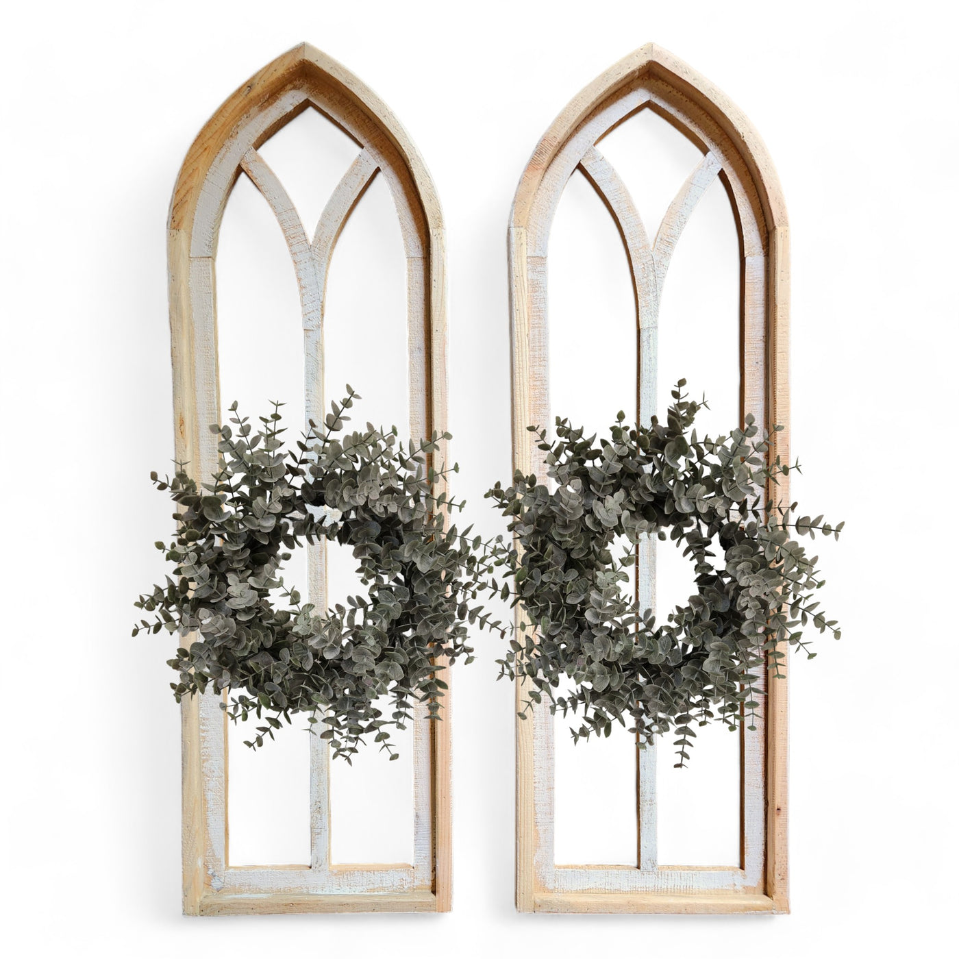 The Ivory Point Farmhouse Wooden Wall Window Arches Set of 2 -3 Sizes - Rustic Cathedral Wood Windows