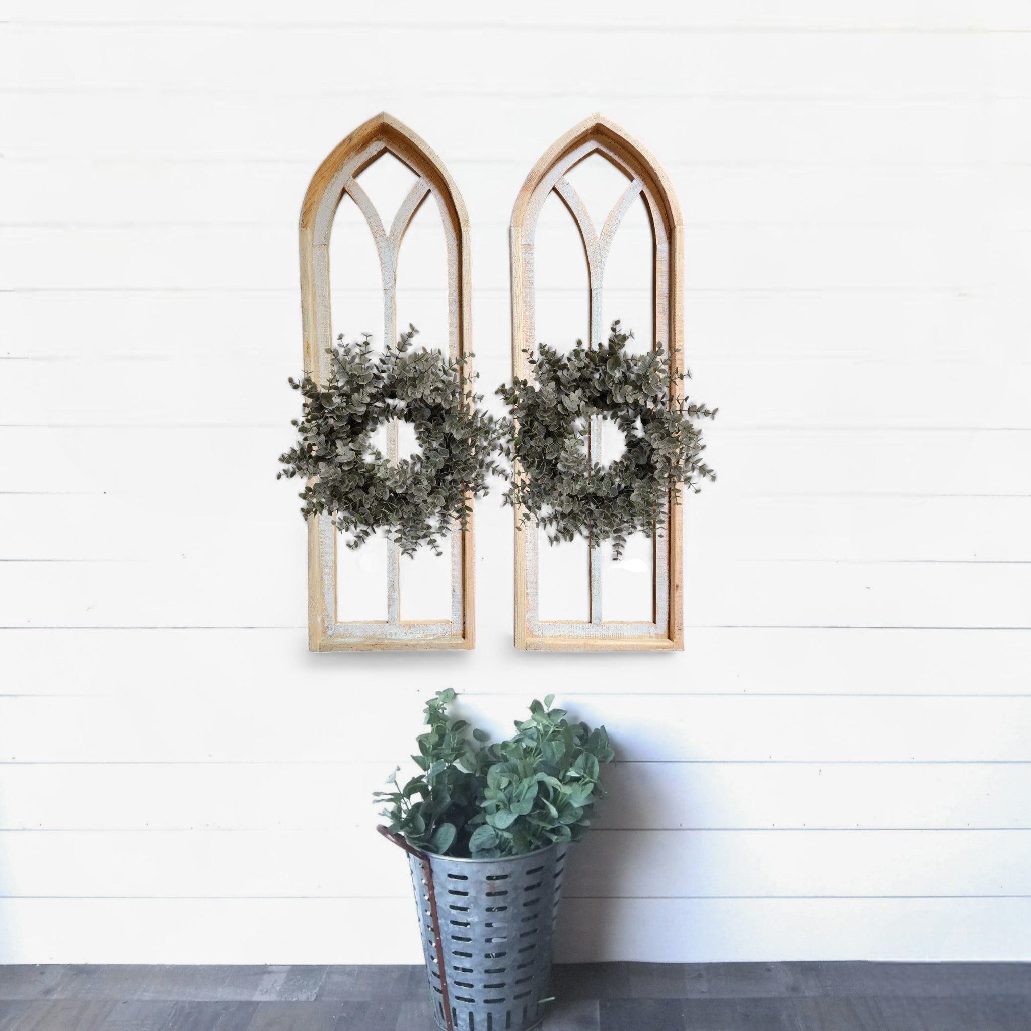 The Ivory Point Farmhouse Wooden Wall Window Arches Set of 2 -3 Sizes - Rustic Cathedral Wood Windows