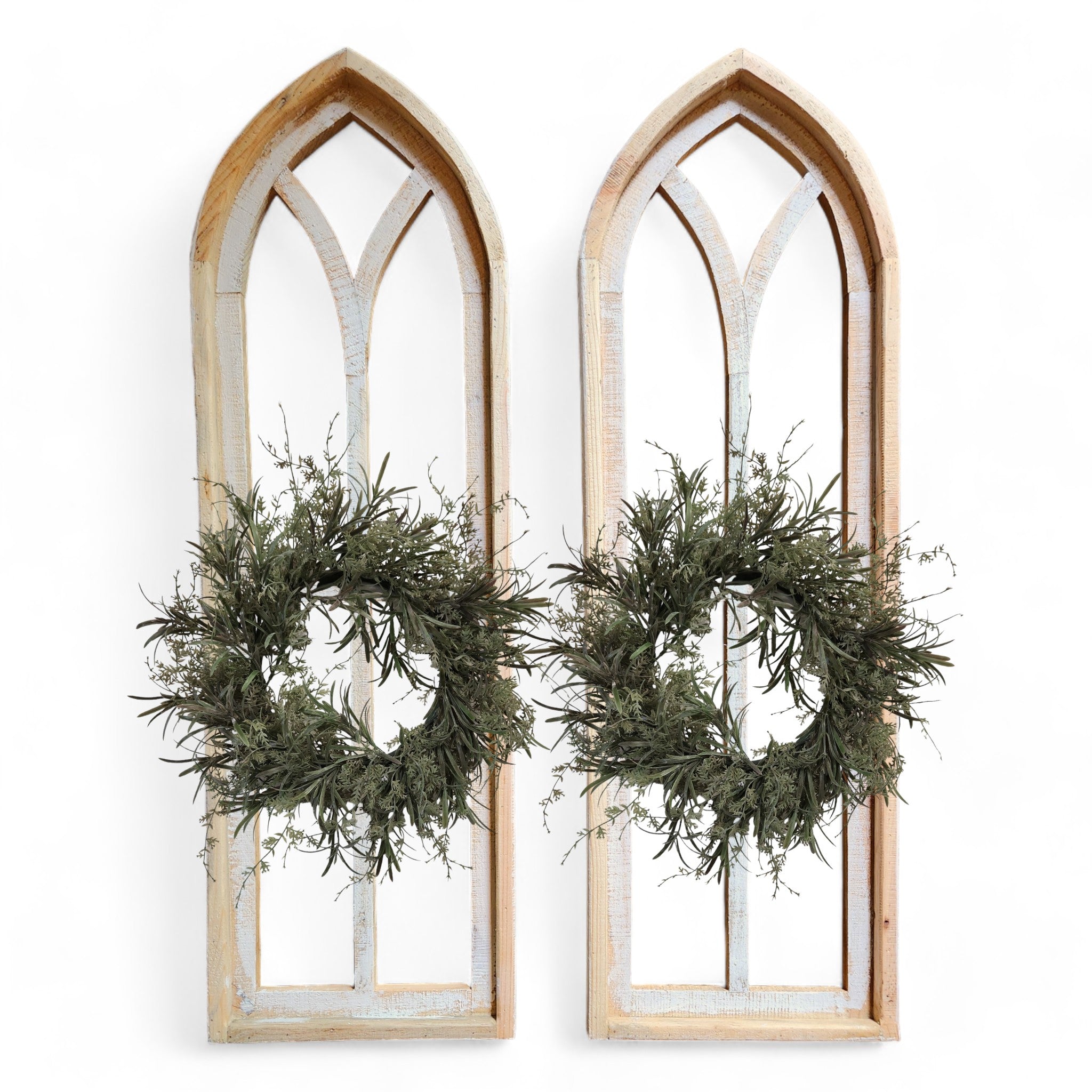 The Ivory Point Farmhouse Wooden Wall Window Arches Set of 2 -3 Sizes - Rustic Cathedral Wood Windows