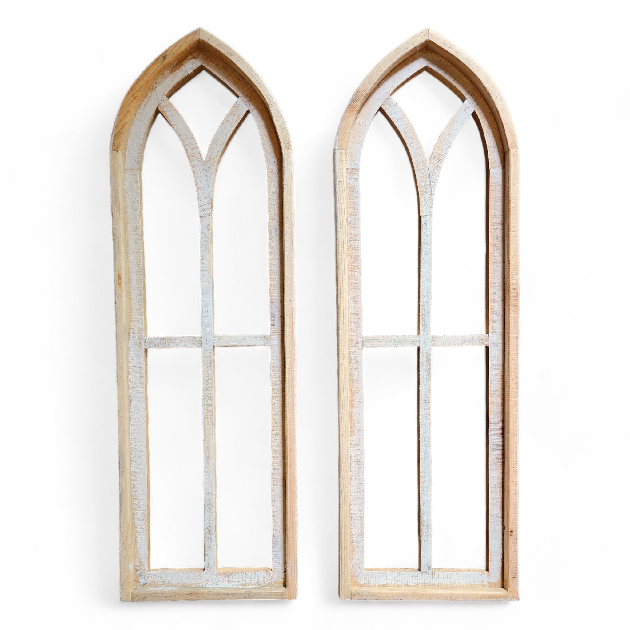 The Ivory Point Farmhouse Wooden Wall Window Arches Set of 2 -3 Sizes - Rustic Cathedral Wood Windows