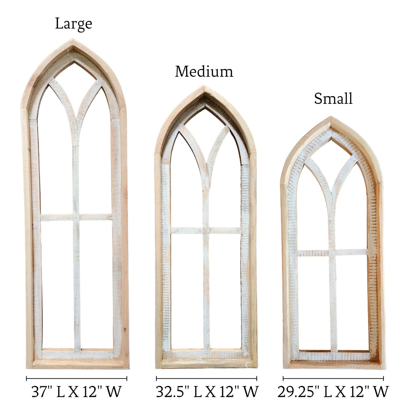 Ivory Point Farmhouse Wooden Wall Window Arches Set of 2 -3 Sizes - Rustic Cathedral Wood Windows - Ranch Junkie Mercantile LLC 