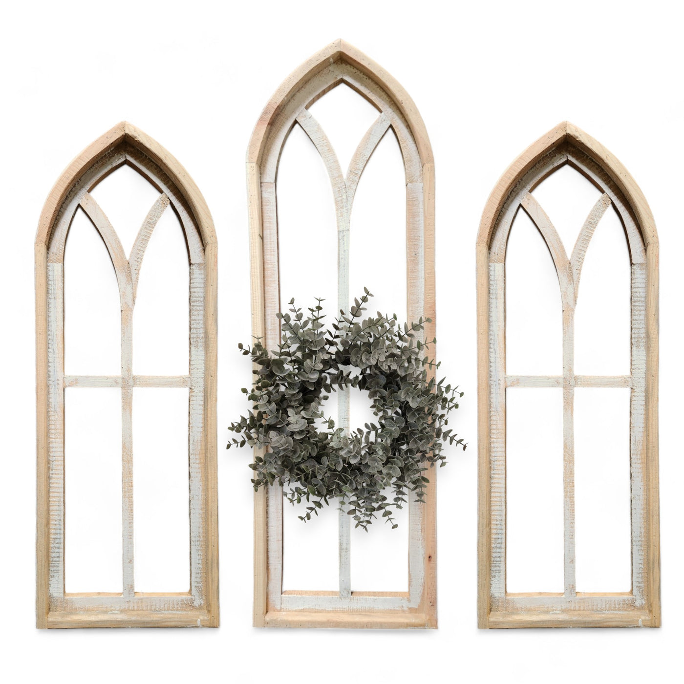 Ivory Point Cathedral Wood Window Collection - Set of 2 Medium Ivory Points + 1 Large Ivory Point  Rustic Cathedral