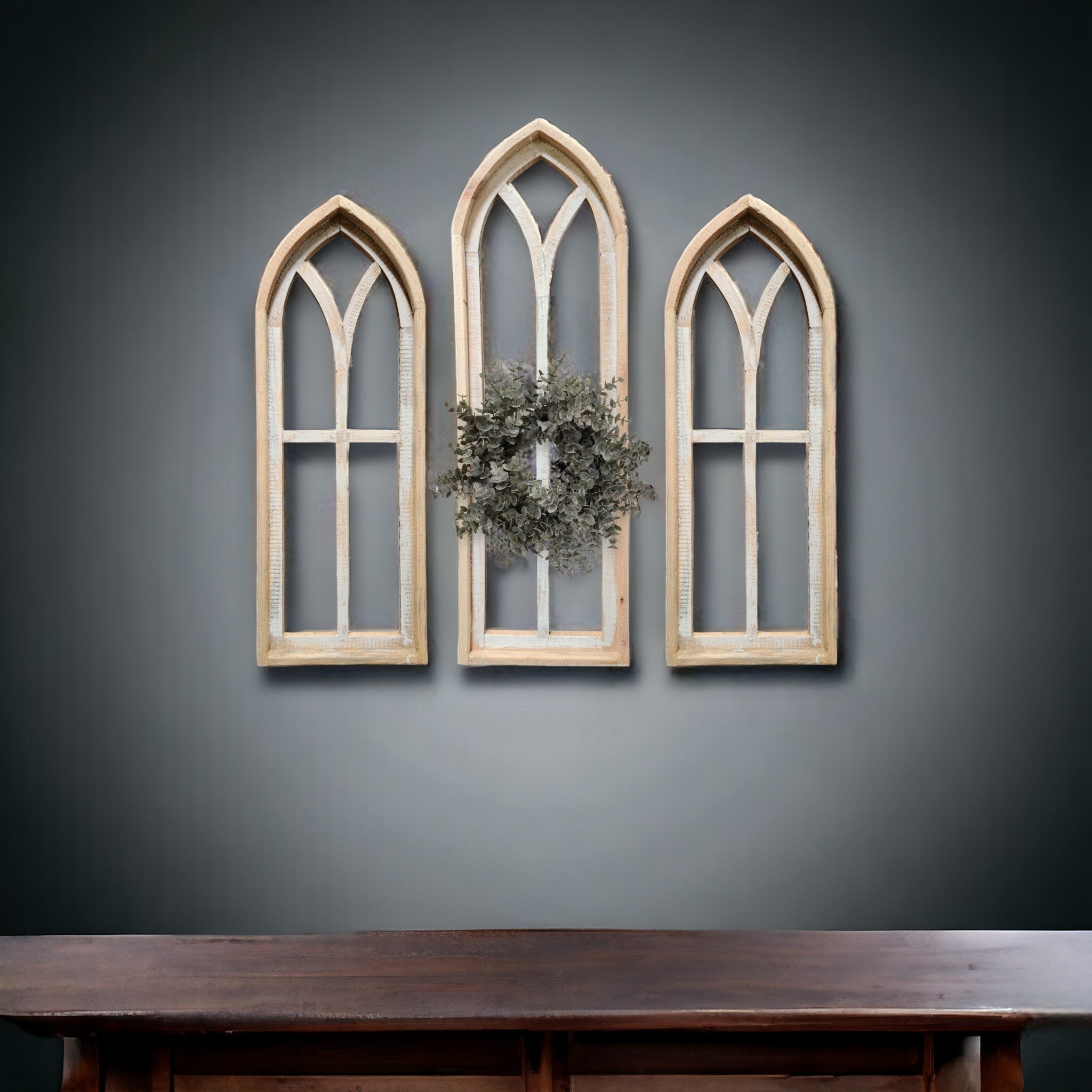 Ivory Point Cathedral Wood Window Collection - Set of 2 Medium Ivory Points + 1 Large Ivory Point  Rustic Cathedral