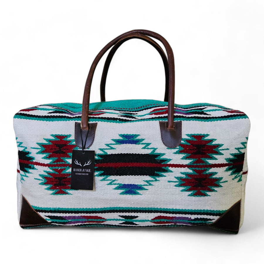 Boho Aztec Large Weekender Southwestern Duffel Bag Maren Saddle Blanket Bag 100% Leather Handles