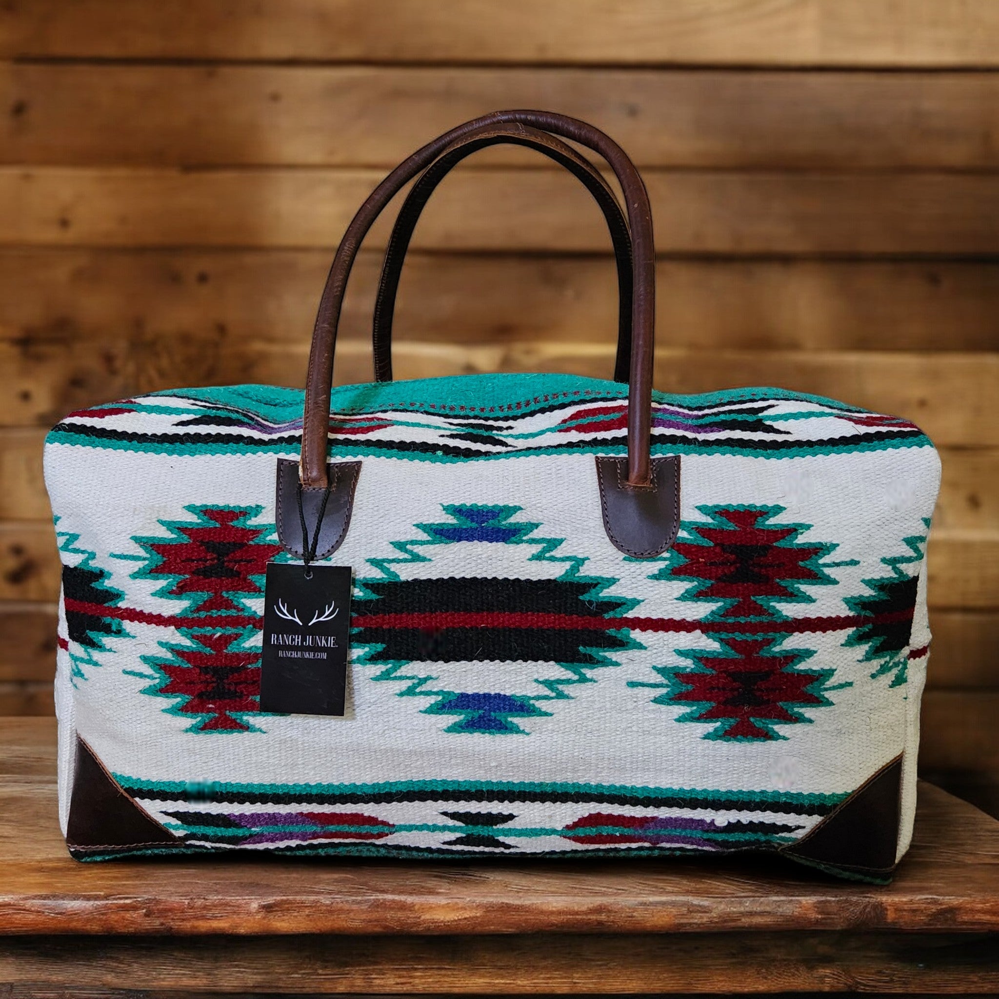 Boho Aztec Large Weekender Southwestern Duffel Bag Maren Saddle Blanket Bag 100% Leather Handles - Ranch Junkie Mercantile LLC 