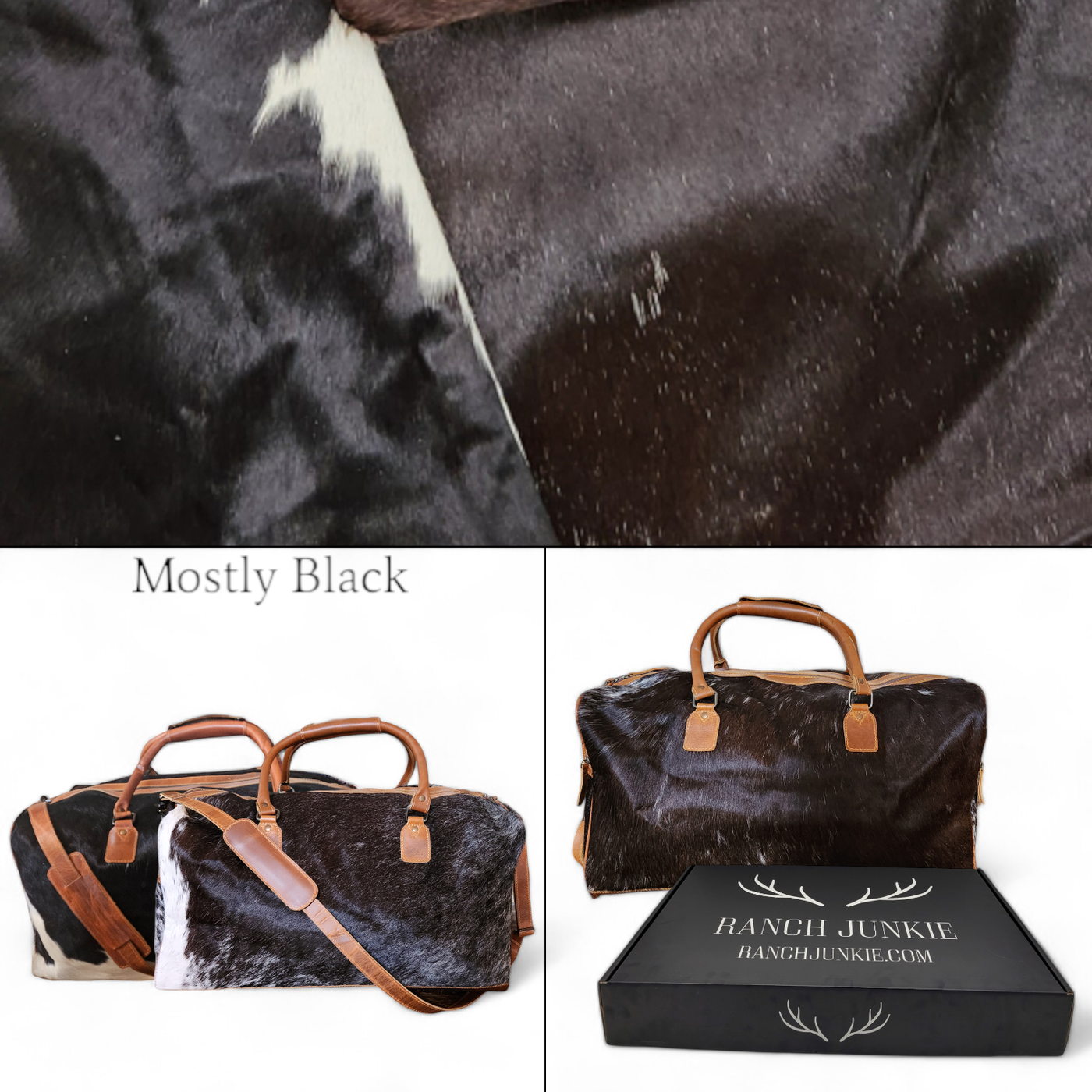 Large Genuine Cowhide Weekender Duffel Black Highlands Duffel - Ranch Junkie Mercantile LLC 