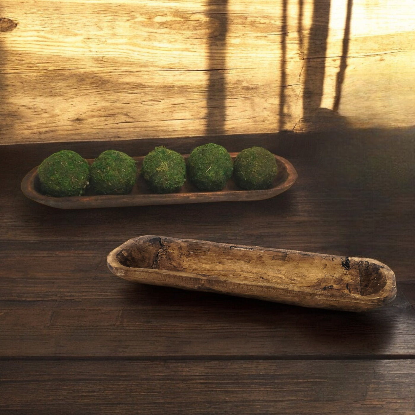 18"-21.5" Baguette Dough Bowl Three Colors,  The New Dawn Decorative Wood Bowl, Table Center Piece, Wood Bowl + Moss Balls - Ranch Junkie Mercantile LLC 