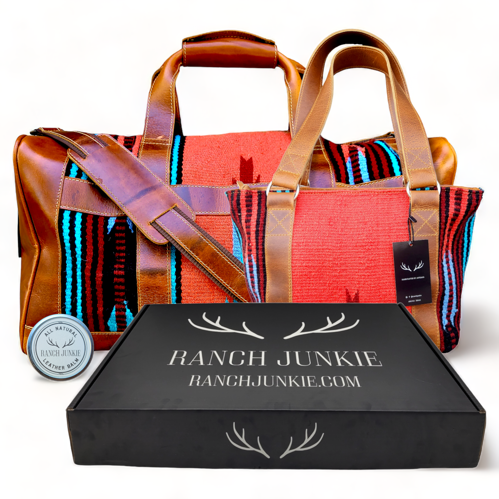 Bundle Deal-Sedona Southwestern Duffel Handwoven Wool And Leather Weekender + Sedona Handwoven Wool Western Tote Purse - Ranch Junkie Mercantile LLC 