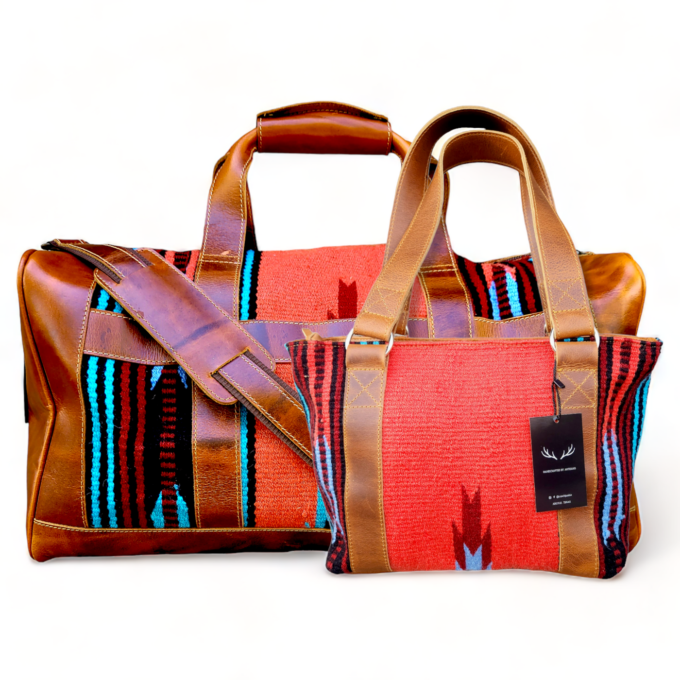 Bundle Deal-Sedona Southwestern Duffel Handwoven Wool And Leather Weekender + Sedona Handwoven Wool Western Tote Purse - Ranch Junkie Mercantile LLC 