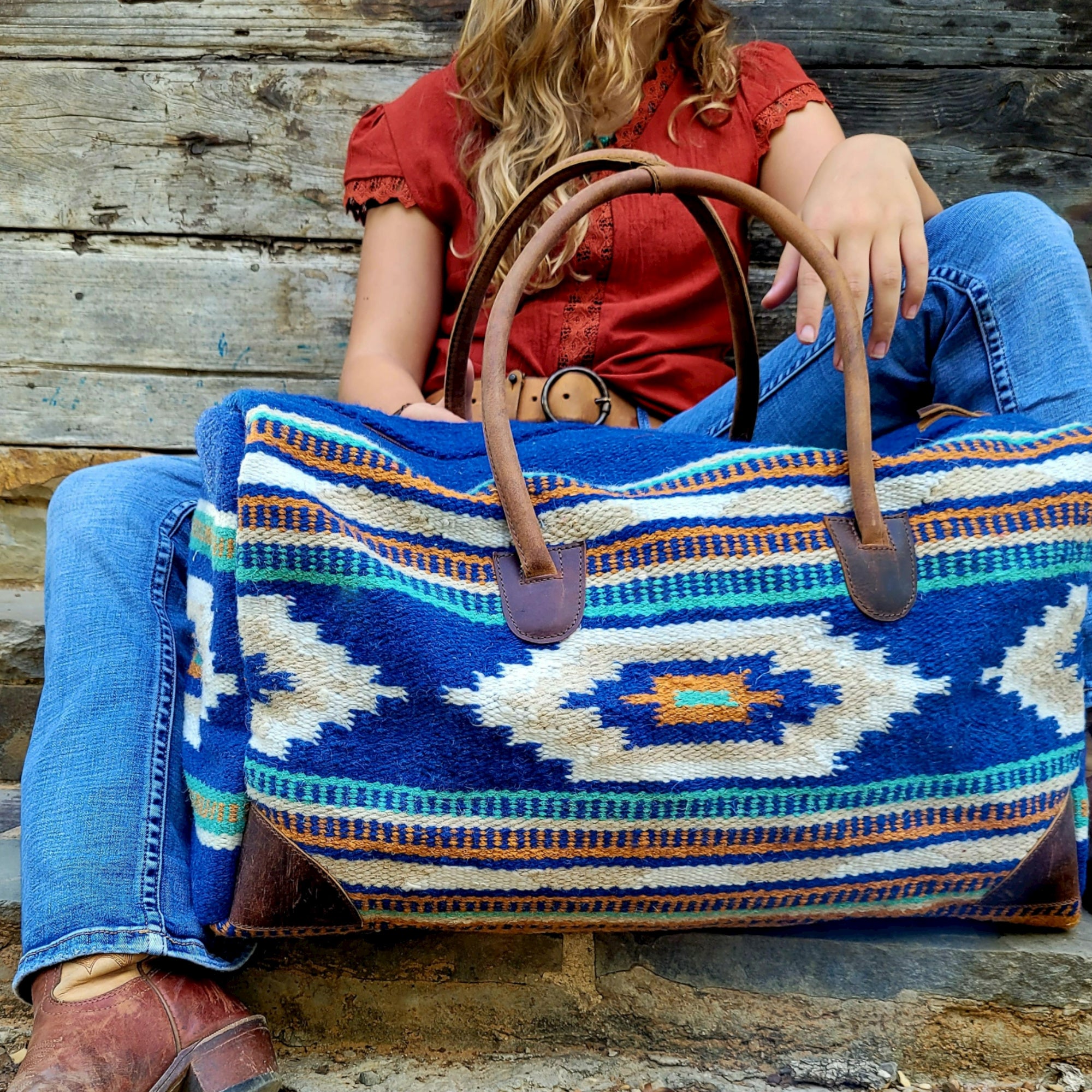 Boho Aztec Large Weekender Southwestern Duffel Bag Dakota Saddle Blank Ranch Junkie Mercantile LLC