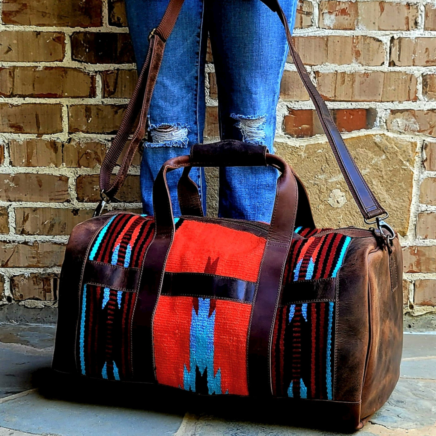 Bundle Deal The Sedona Southwestern Leather Aztec Weekender Duffel Bag+ Large Western Tote Bag