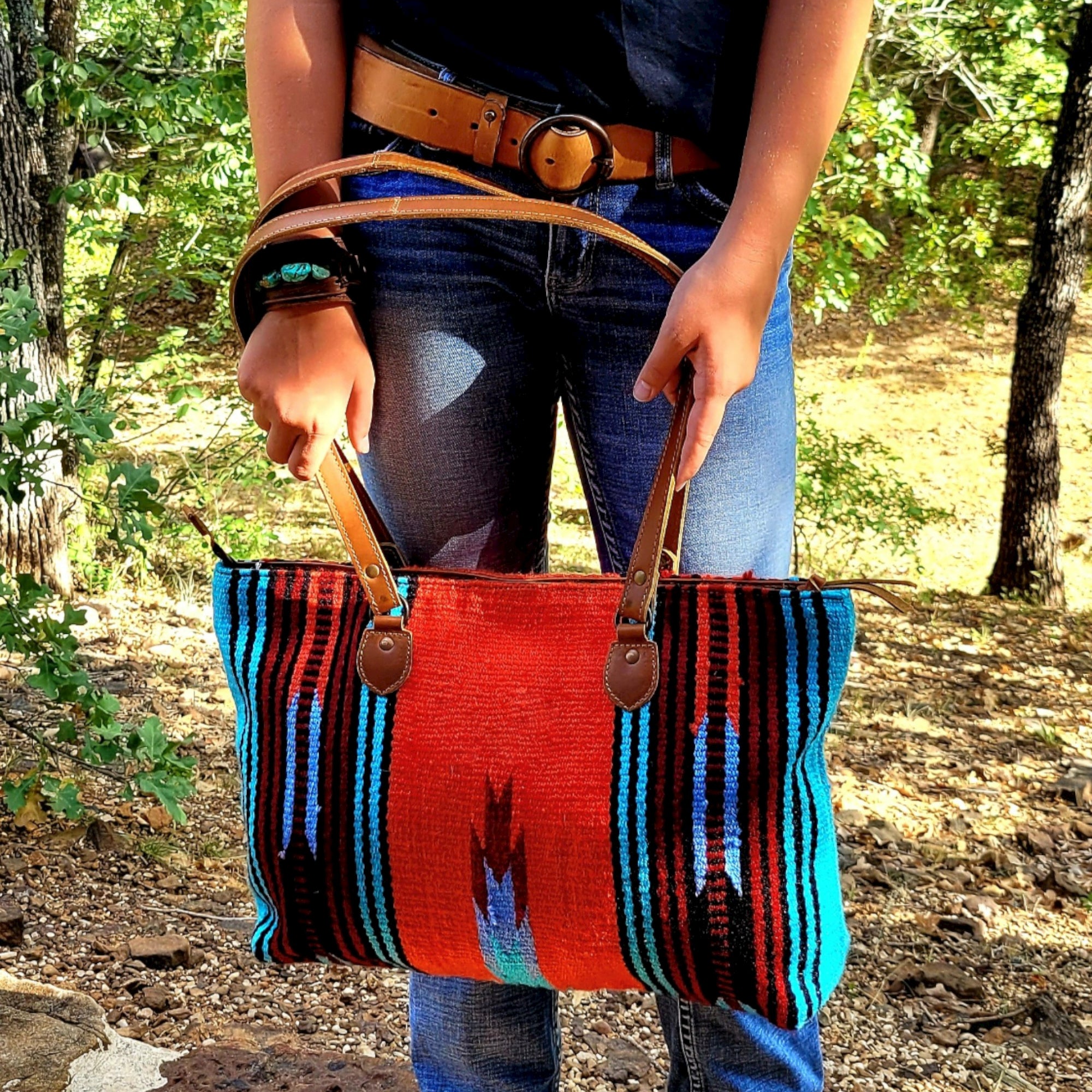 Bundle Deal The Sedona Southwestern Leather Aztec Weekender Duffel Bag+ Large Western Tote Bag