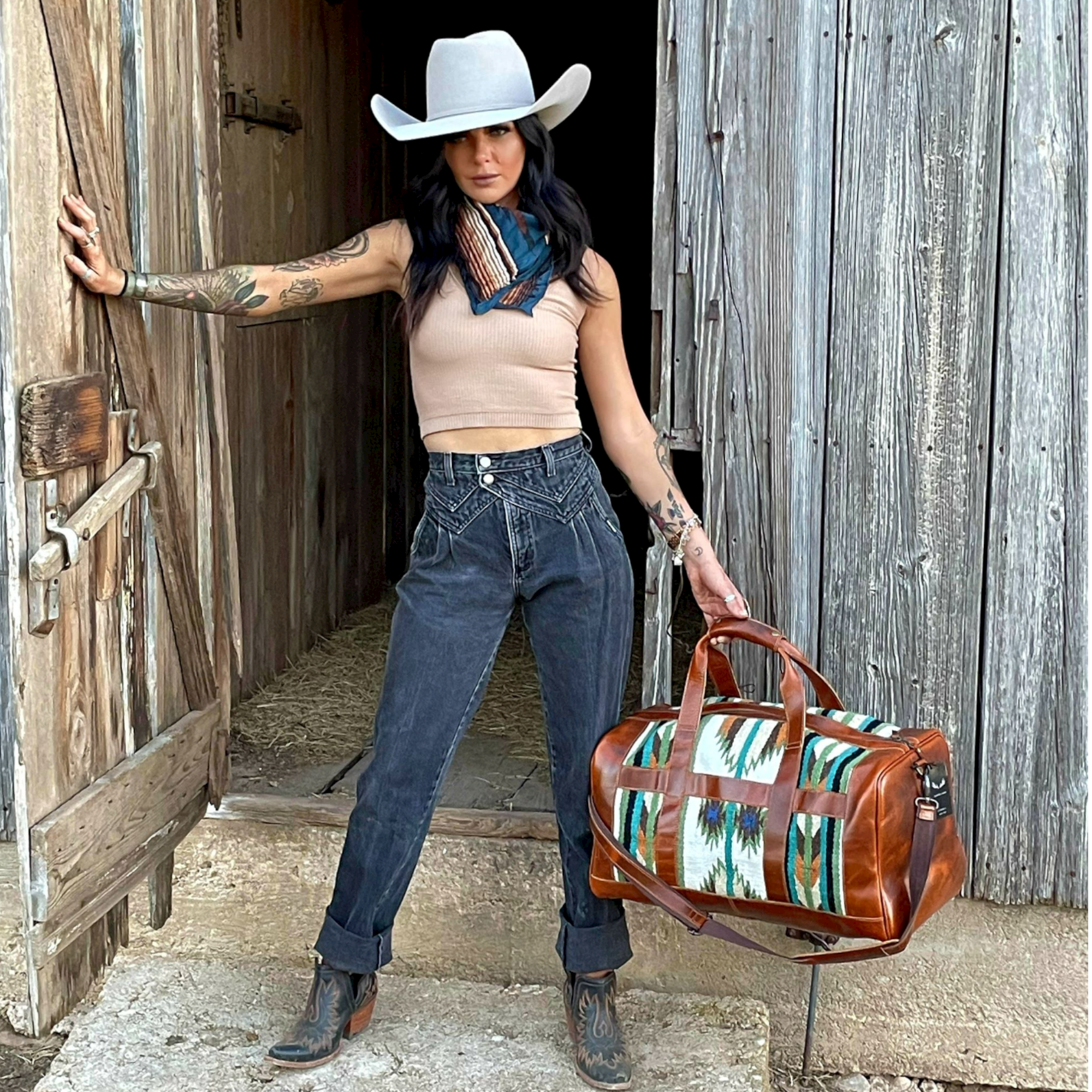 Bundle Deal Aspen Southwestern Leather Aztec Weekender Duffel Bag + Large Wool Boho Tote - Ranch Junkie Mercantile LLC 