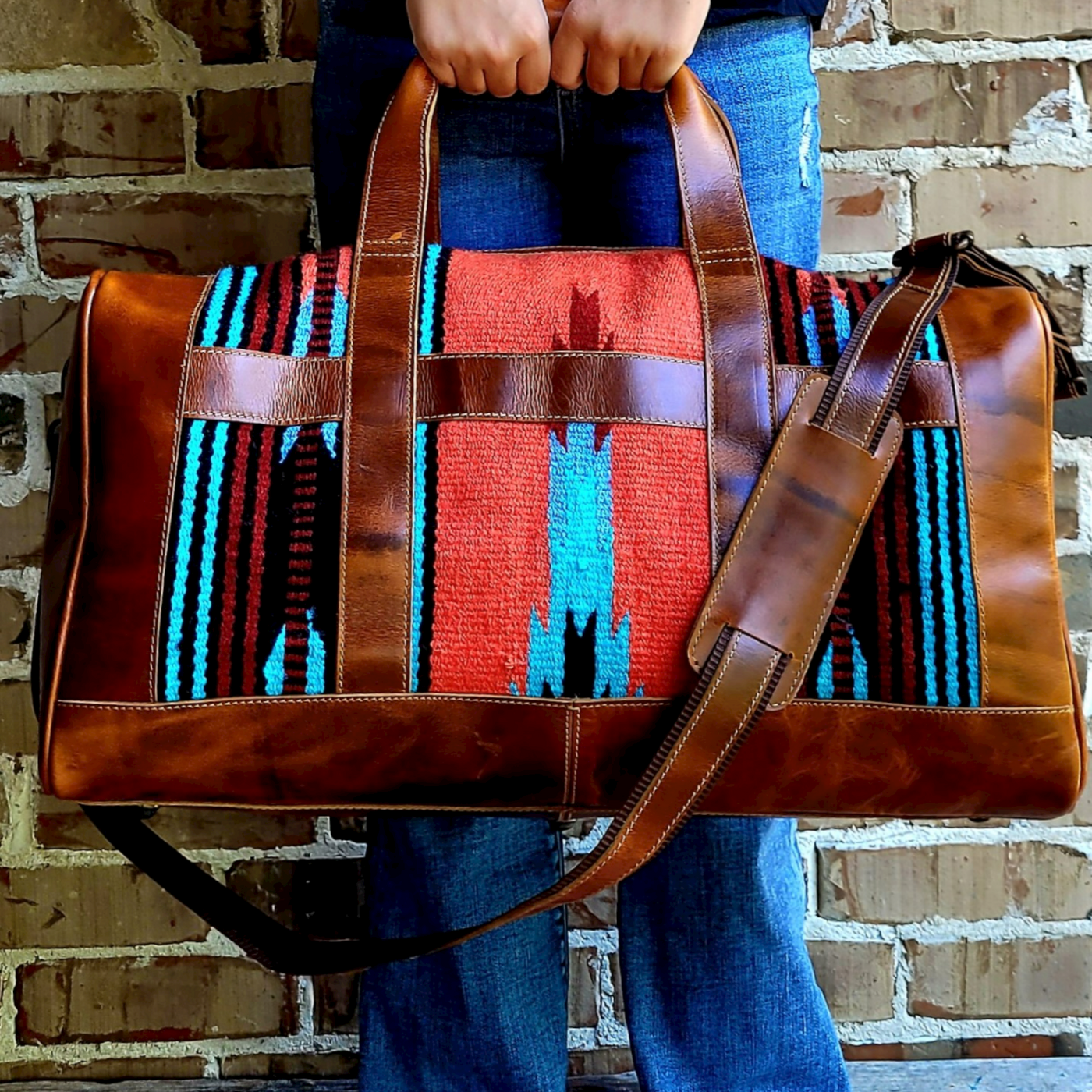 Bundle Deal-Sedona Southwestern Duffel Handwoven Wool And Leather Weekender + Sedona Handwoven Wool Western Tote Purse - Ranch Junkie Mercantile LLC 