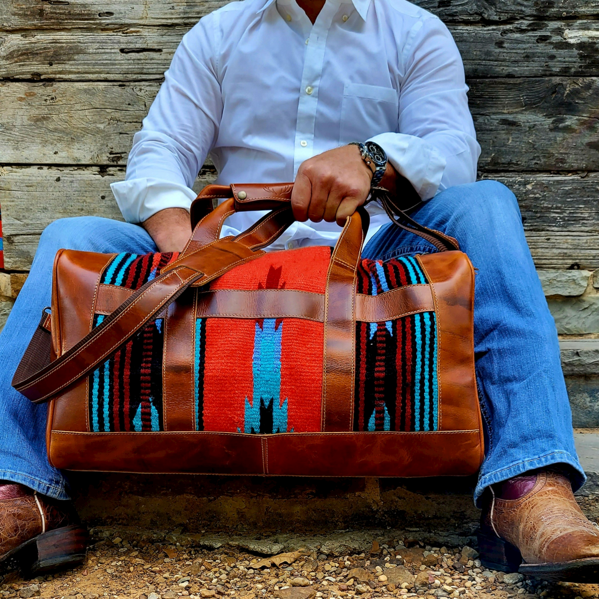 Bundle Deal-Sedona Southwestern Duffel Handwoven Wool And Leather Weekender + Sedona Handwoven Wool Western Tote Purse - Ranch Junkie Mercantile LLC 