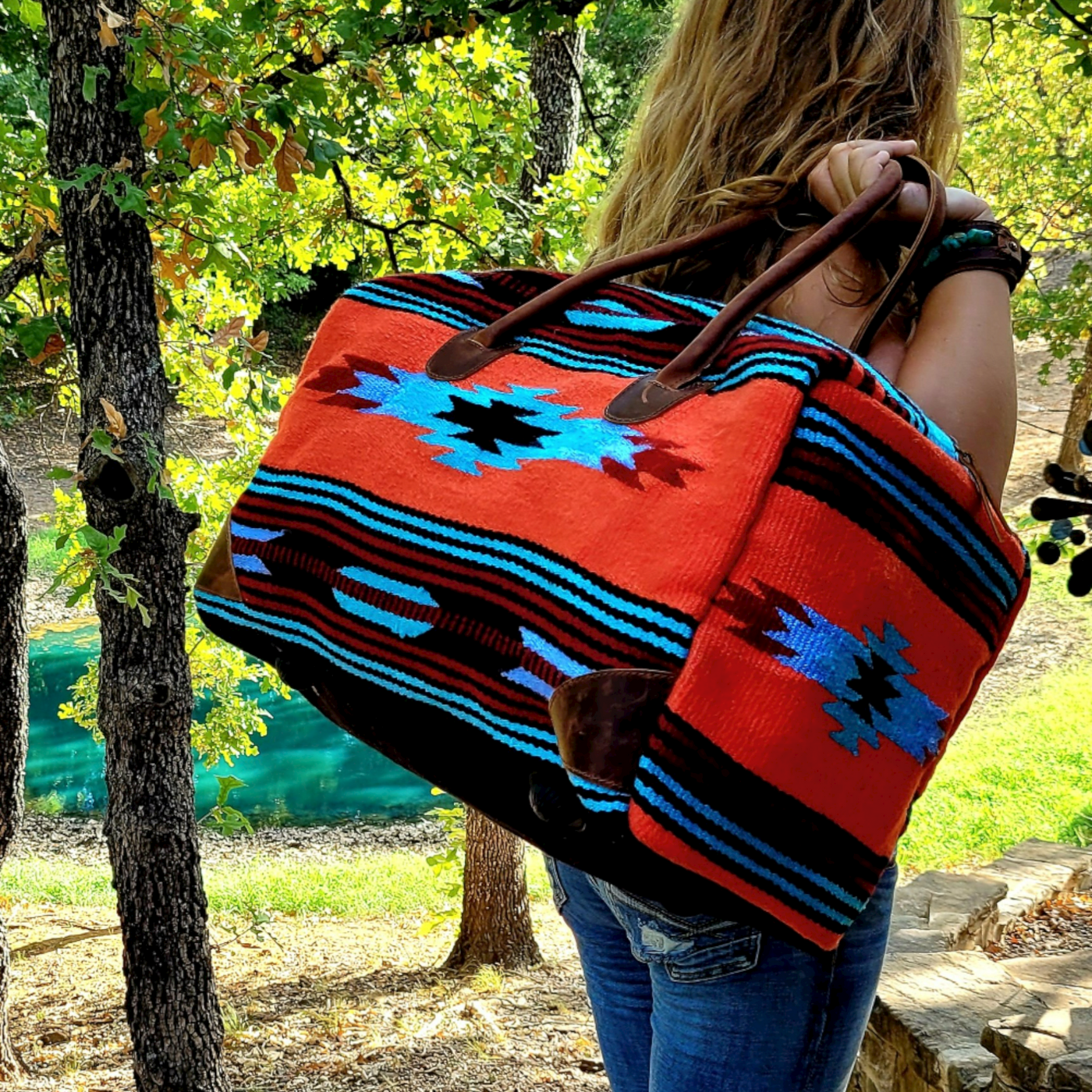 Bundle Deal Sedona Boho Aztec Large Weekender Southwestern Duffel Bag +Sedona Large Handwoven Wool Saddle Blanket Tote - Ranch Junkie Mercantile LLC 