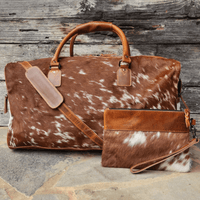 Bundle Deal Highlands Large Genuine Cowhide Weekender Duffel Saddle+ Wristlet Clutch Saddle - Ranch Junkie Mercantile LLC 