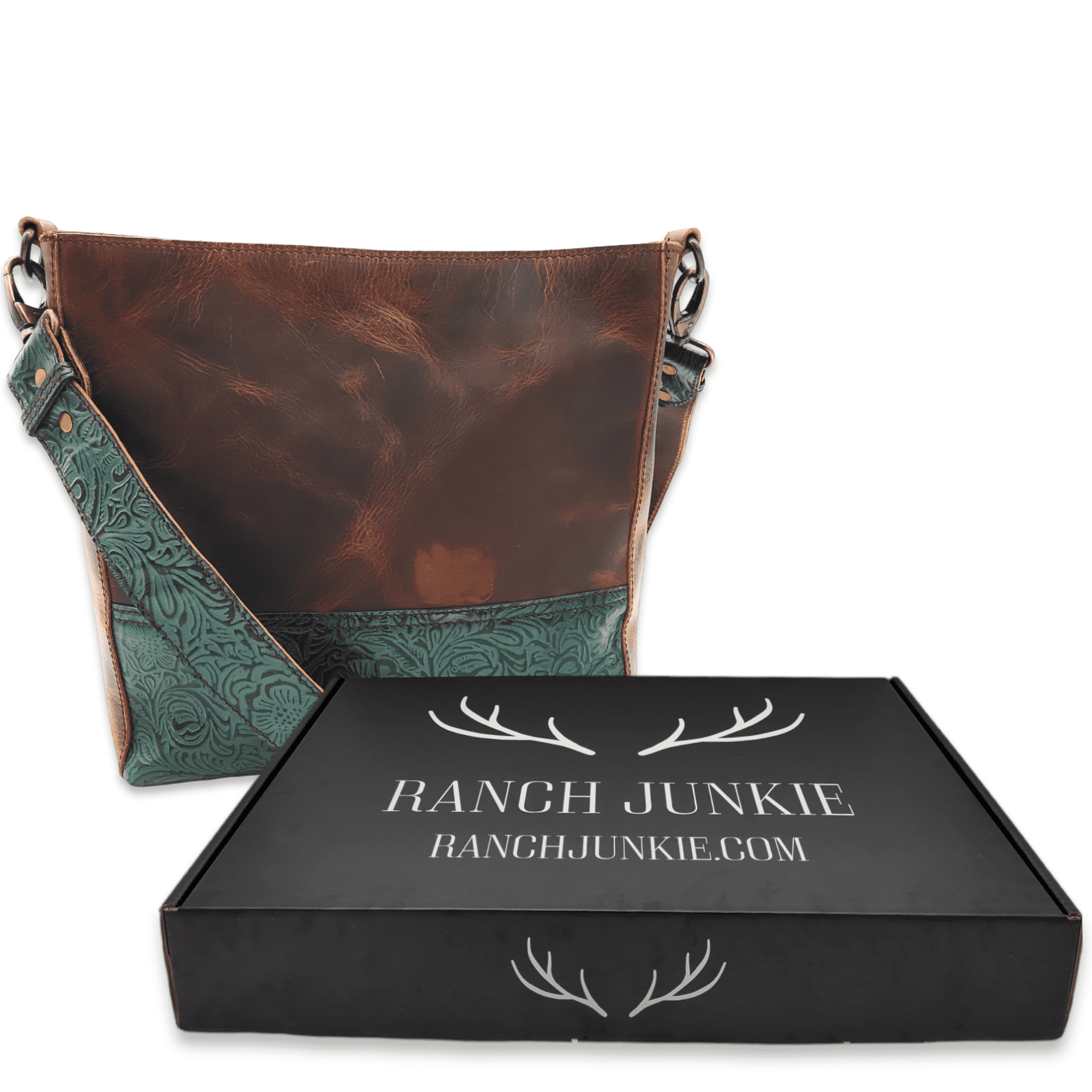 The Rancho Leather Turquoise Embossed Belt Strap Bucket Purse