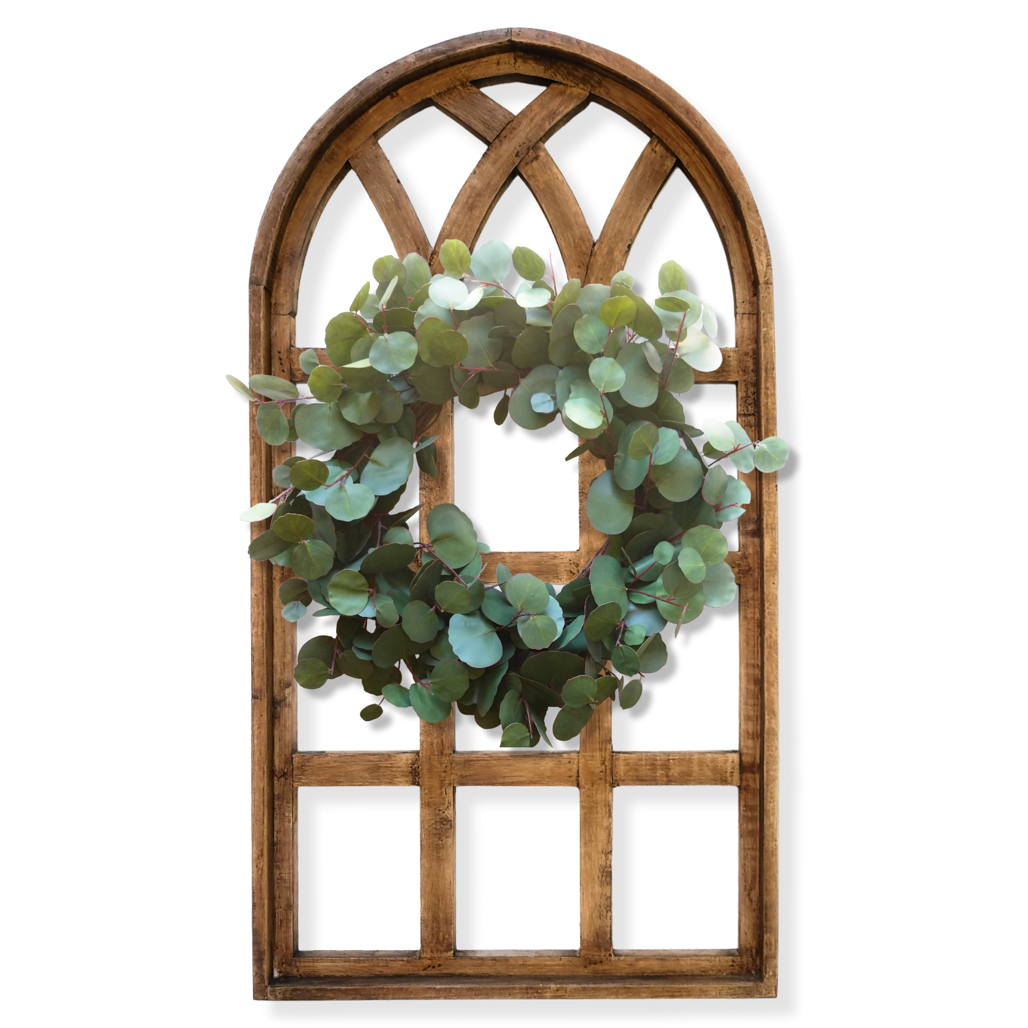 Brown Arched Cathedral Window Frame, Wood Window popular Frame Wreath Hanger